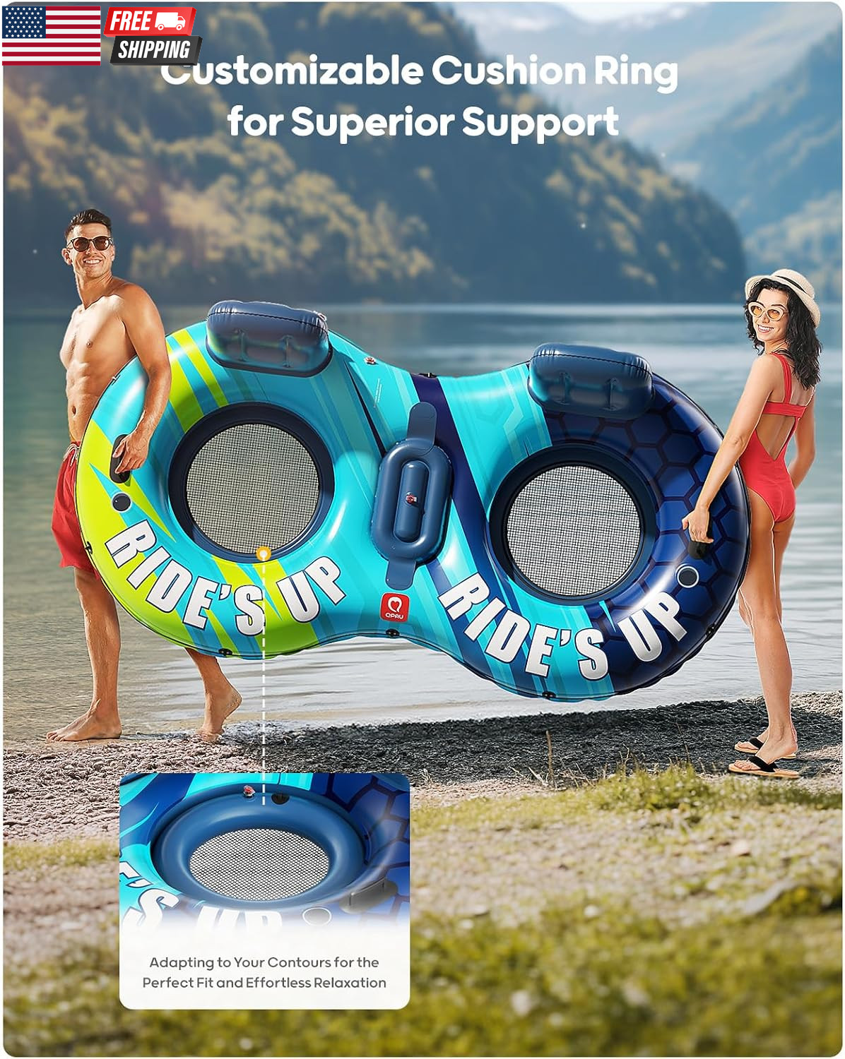 Inflatable Double River Tube, 2 Person 660Lb Capacity, Puncture-Resistant 93″ St