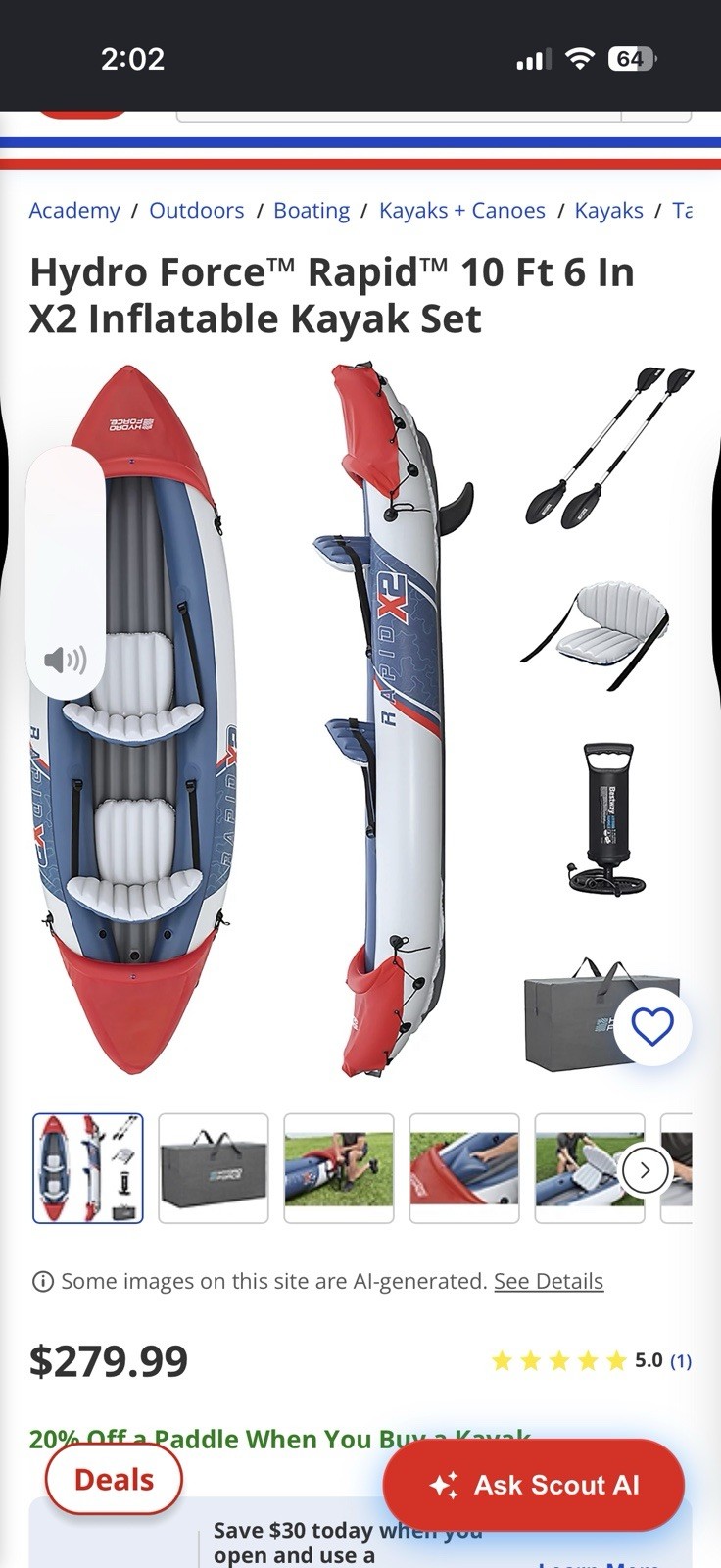 Hydro-Force Rapid X2 10 ft 6 in Inflatable Kayak Set w/ Paddles, Pump, Seat