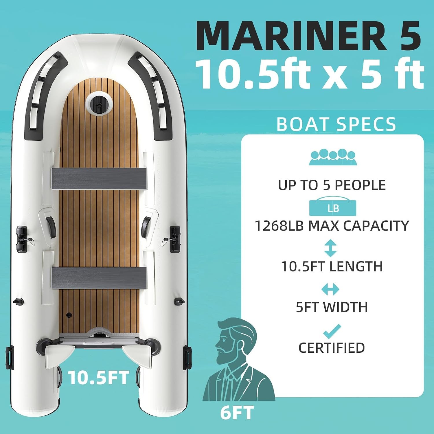 Inflatable Boat 10.5ft x 5ft, 5 Person Sport Tender Dinghy for Fishing White