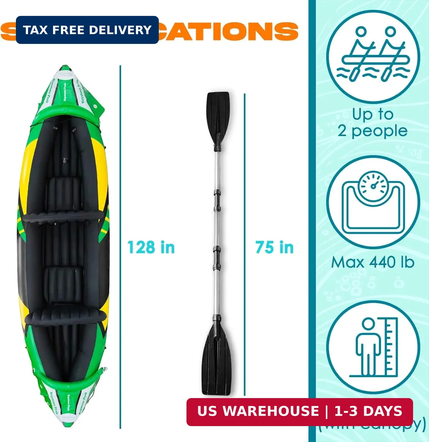 Inflatable Kayak 2 Person with Detachable Sun Canopy – Heavy-Duty Tandem Kayak f