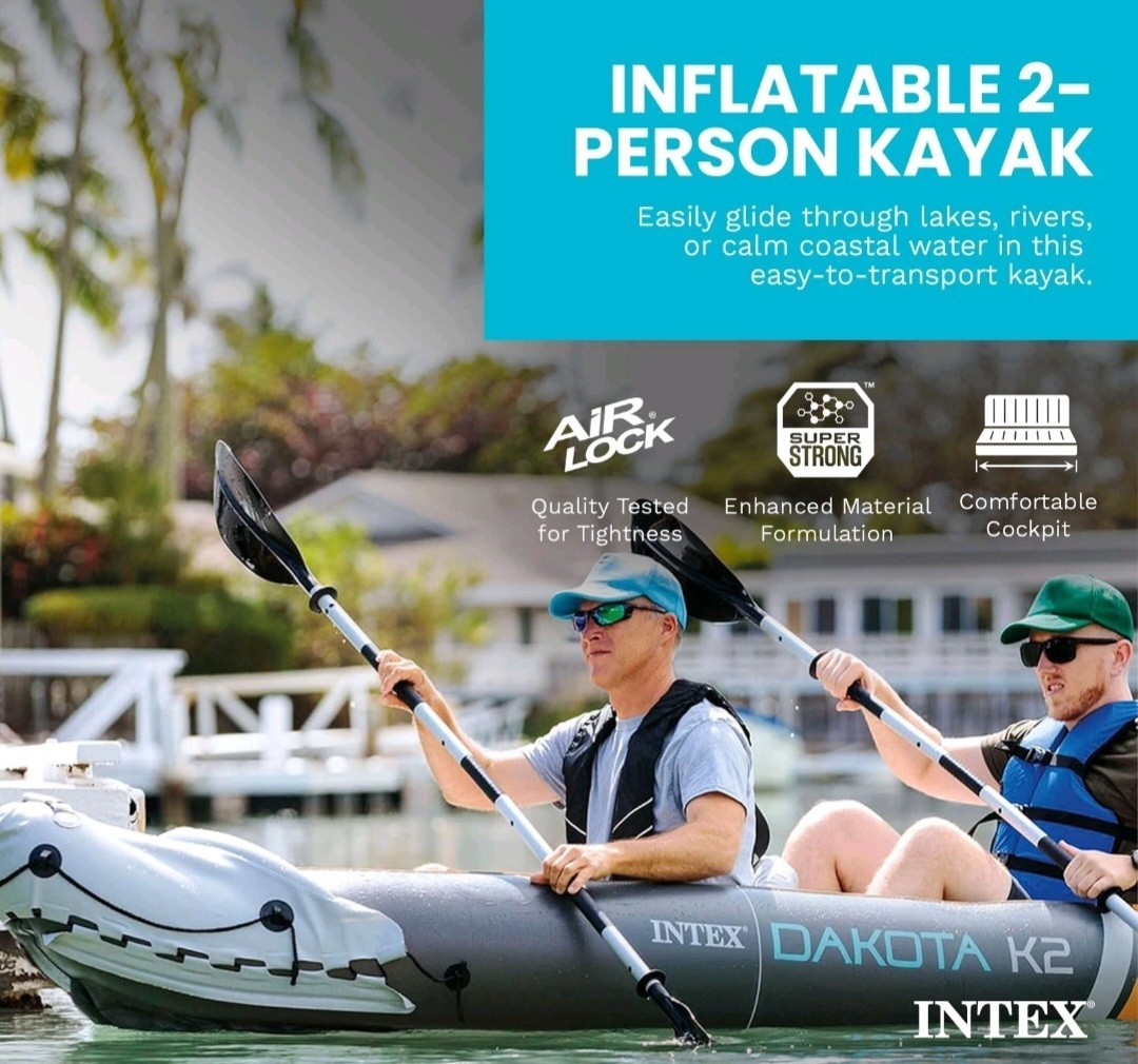 NEW in BOX Intex Dakota K2 2 Person Vinyl Inflatable Kayak with Oars, Pump, Bag