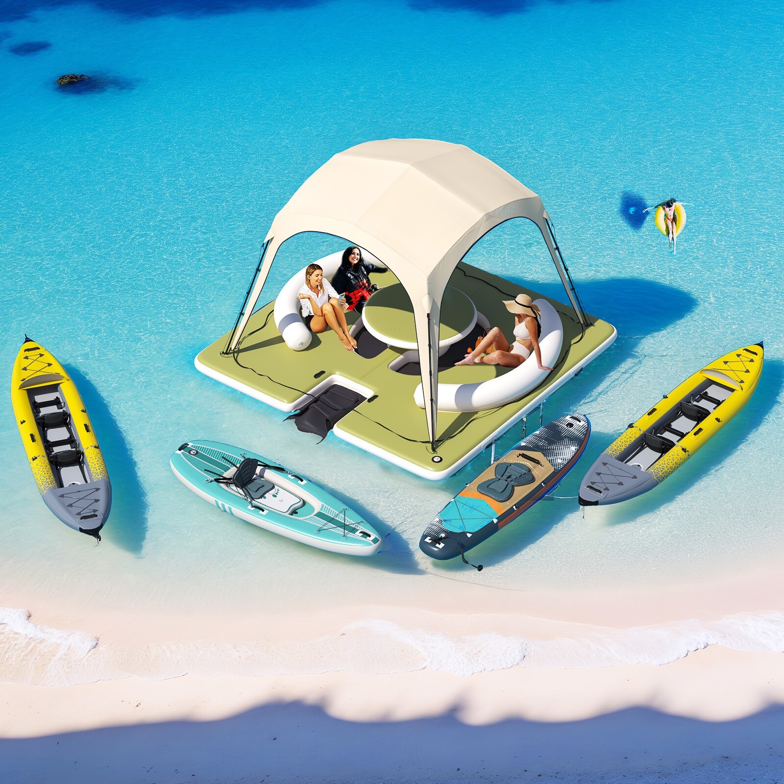 11.15ft x 11.15ft Inflatable Dock – Lounge, Ladder, Sunshade. PVC for Pool/Lake