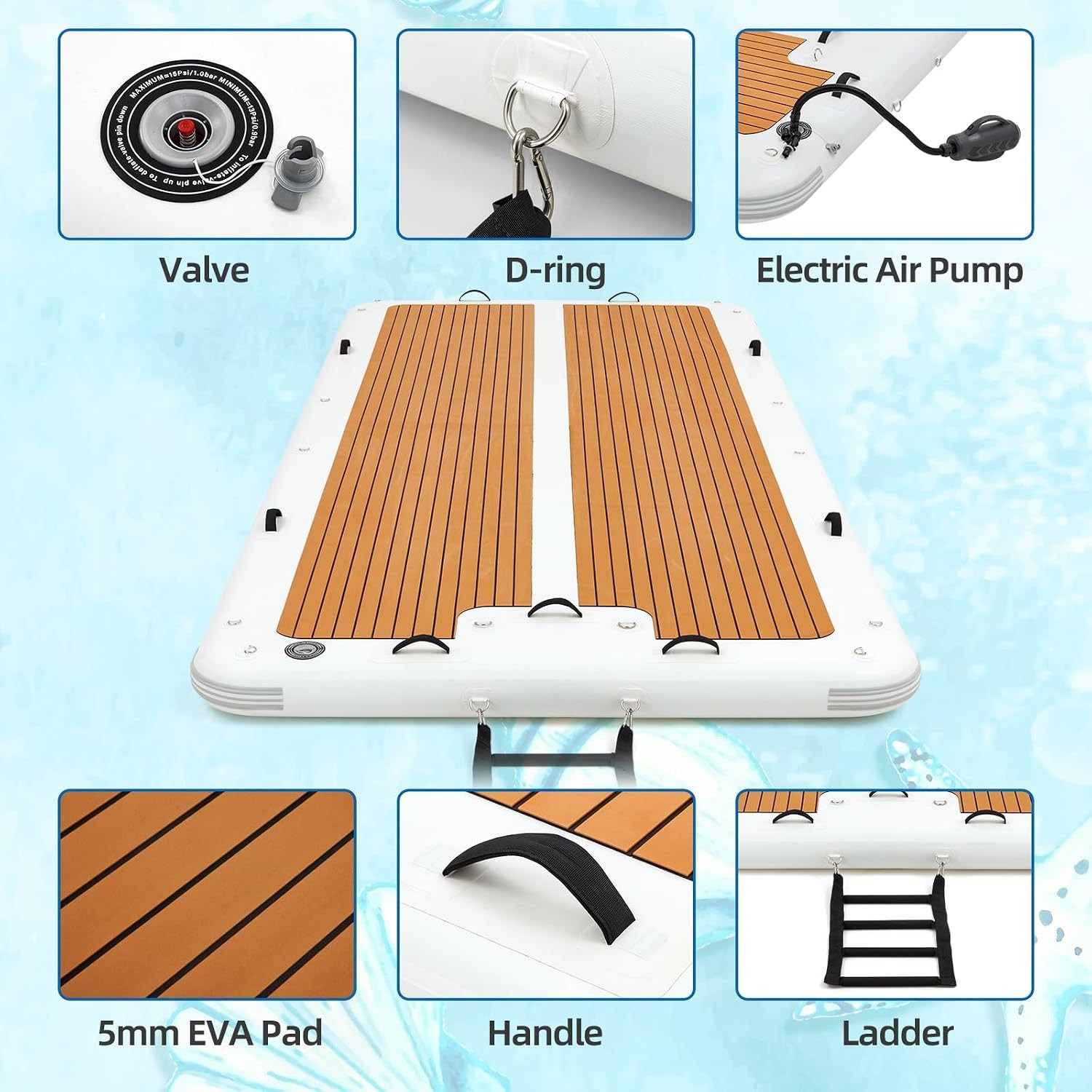 15′ x 6.5′ Inflatable Floating Dock Platform 8in EVA Mat Quick Inflate