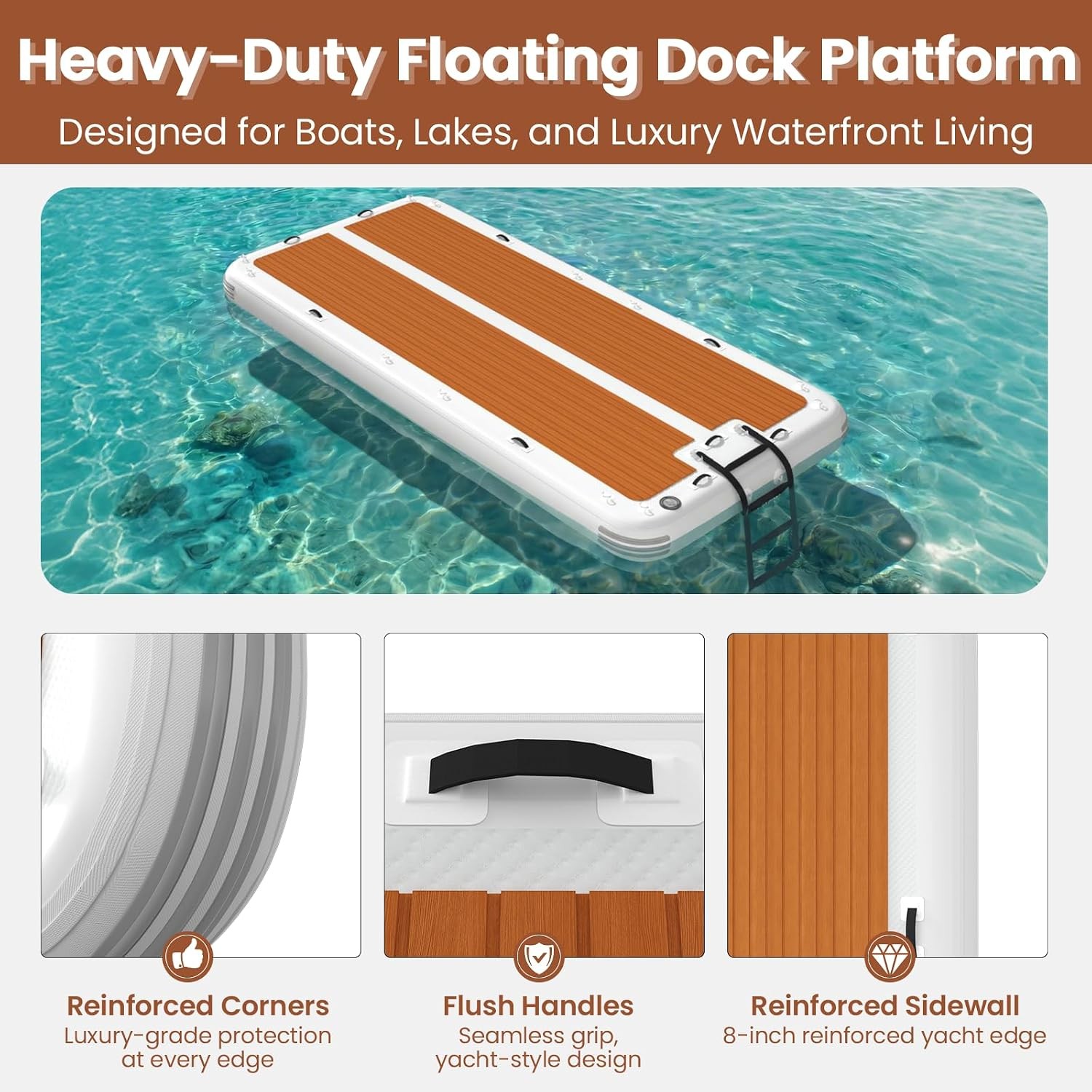 15ft x 6.5ft Inflatable Floating Dock Brown PVC EVA Non-Slip Water Platform