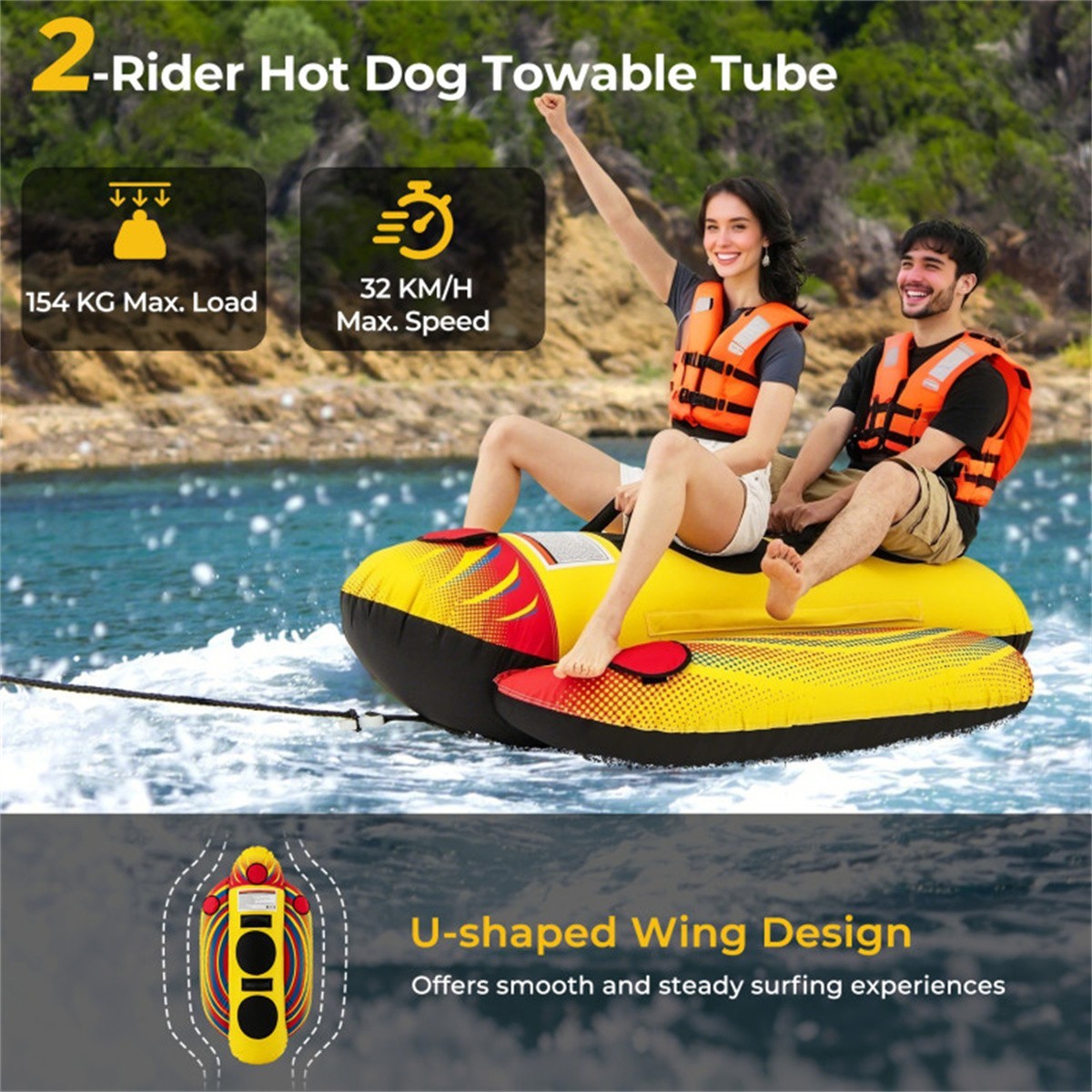 2 Rider Towable Tube Inflatable for Boating Yellow Banana Boat Water Toy 340lb