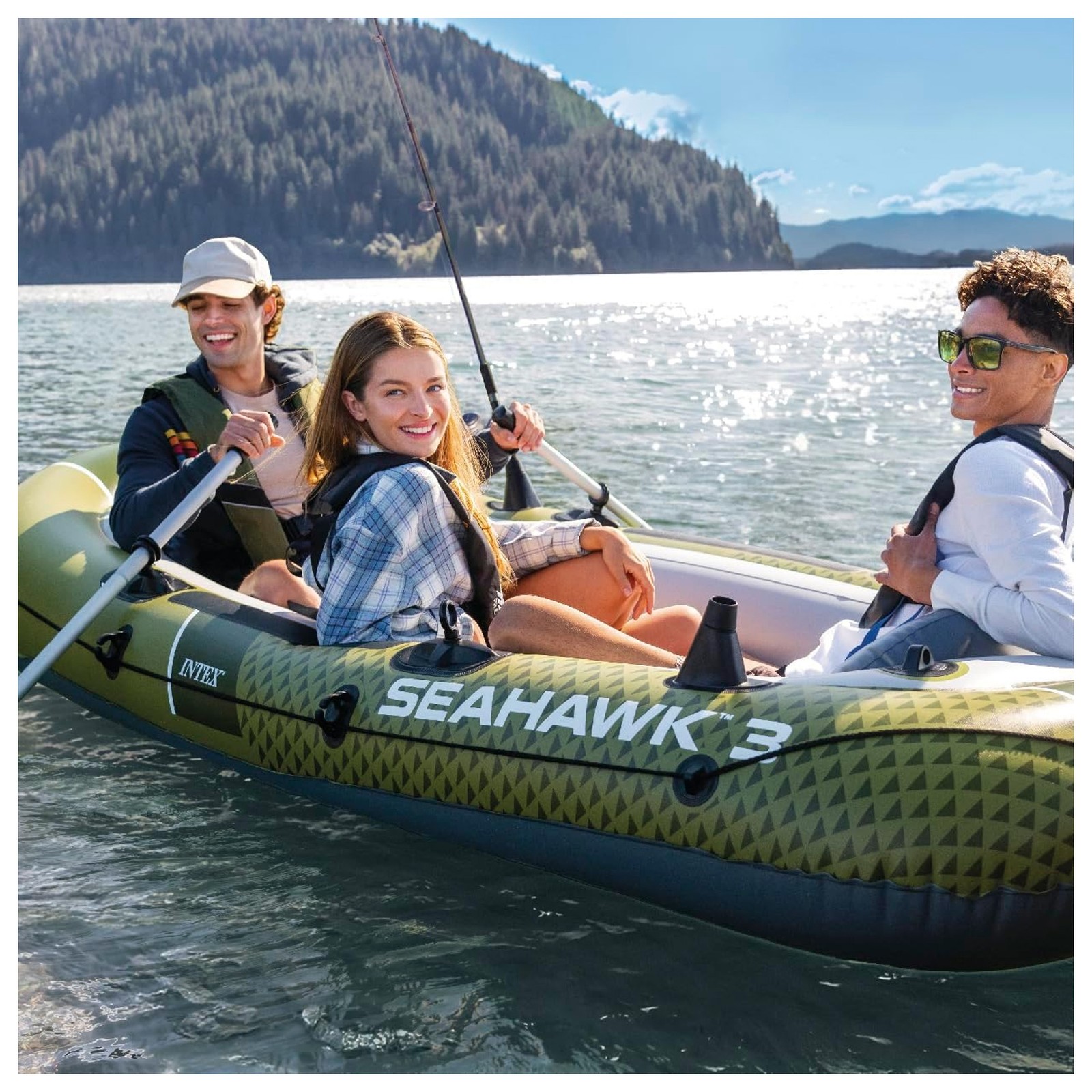 INTEX 66333EP Seahawk 3 Inflatable Boat Set with 54″ Oars, Pump, & Rod Holders