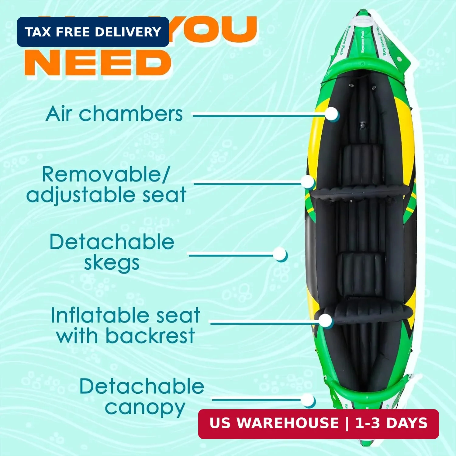 Inflatable Kayak 2 Person with Detachable Sun Canopy – Heavy-Duty Tandem Kayak f