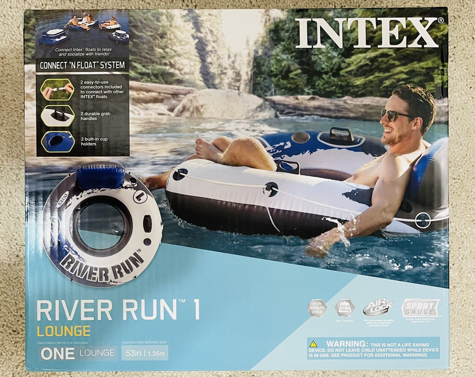 NEW Intex River Run 1 Person River Tube White Blue Mesh Bottom Two Cup Holders