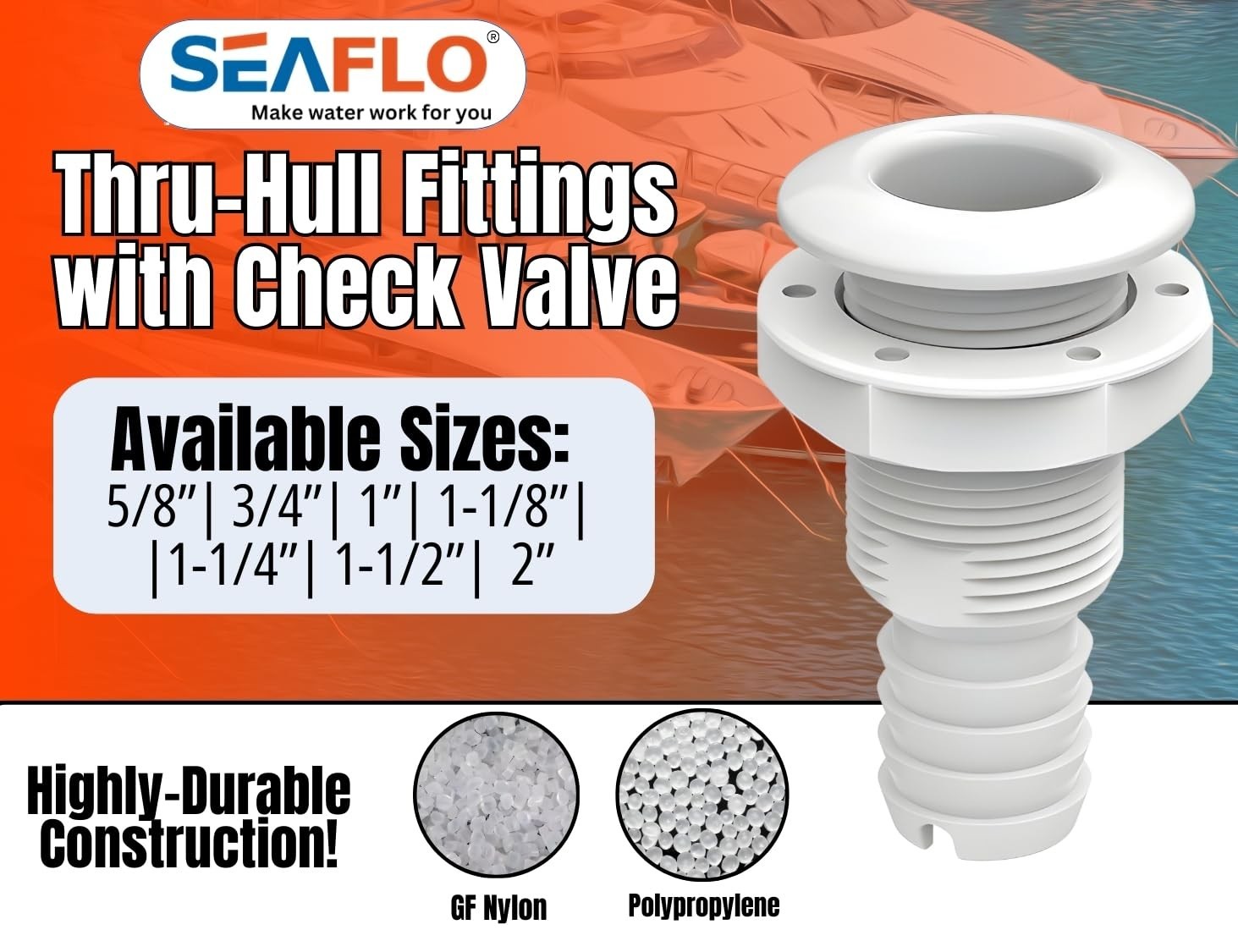 SEAFLO 1-1/8″ White (10-Pack) Thru Hull Check Valve Polypropylene Glass-Filled