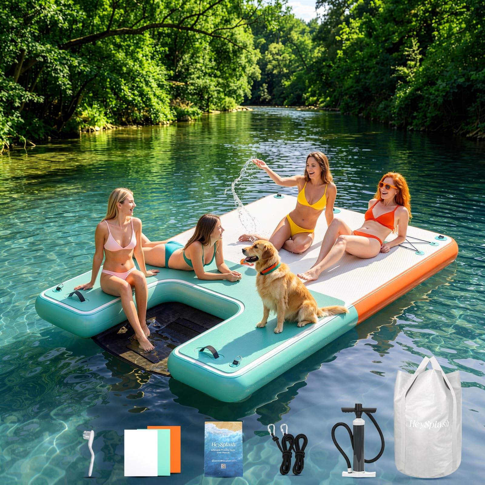 Inflatable Floating Dock, 8×6ft Floating Docks with Anti-Slip Surface Water A…