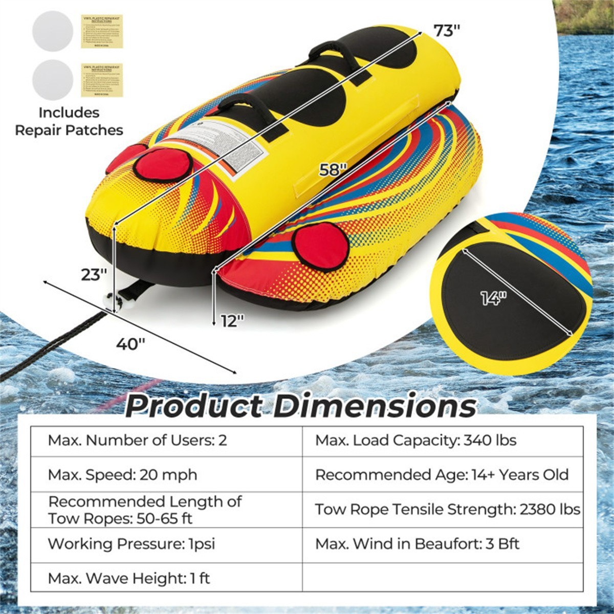 2 Rider Towable Tube Inflatable for Boating Yellow Banana Boat Water Toy 340lb
