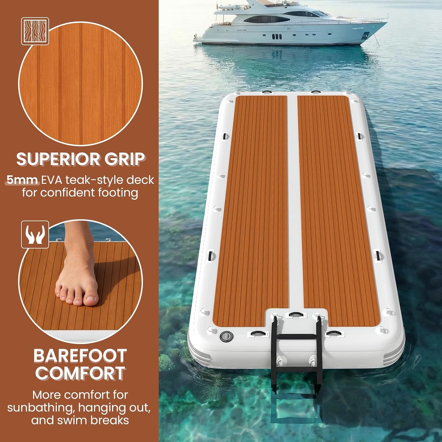 15ft x 6.5ft Inflatable Floating Dock Brown PVC EVA Non-Slip Water Platform