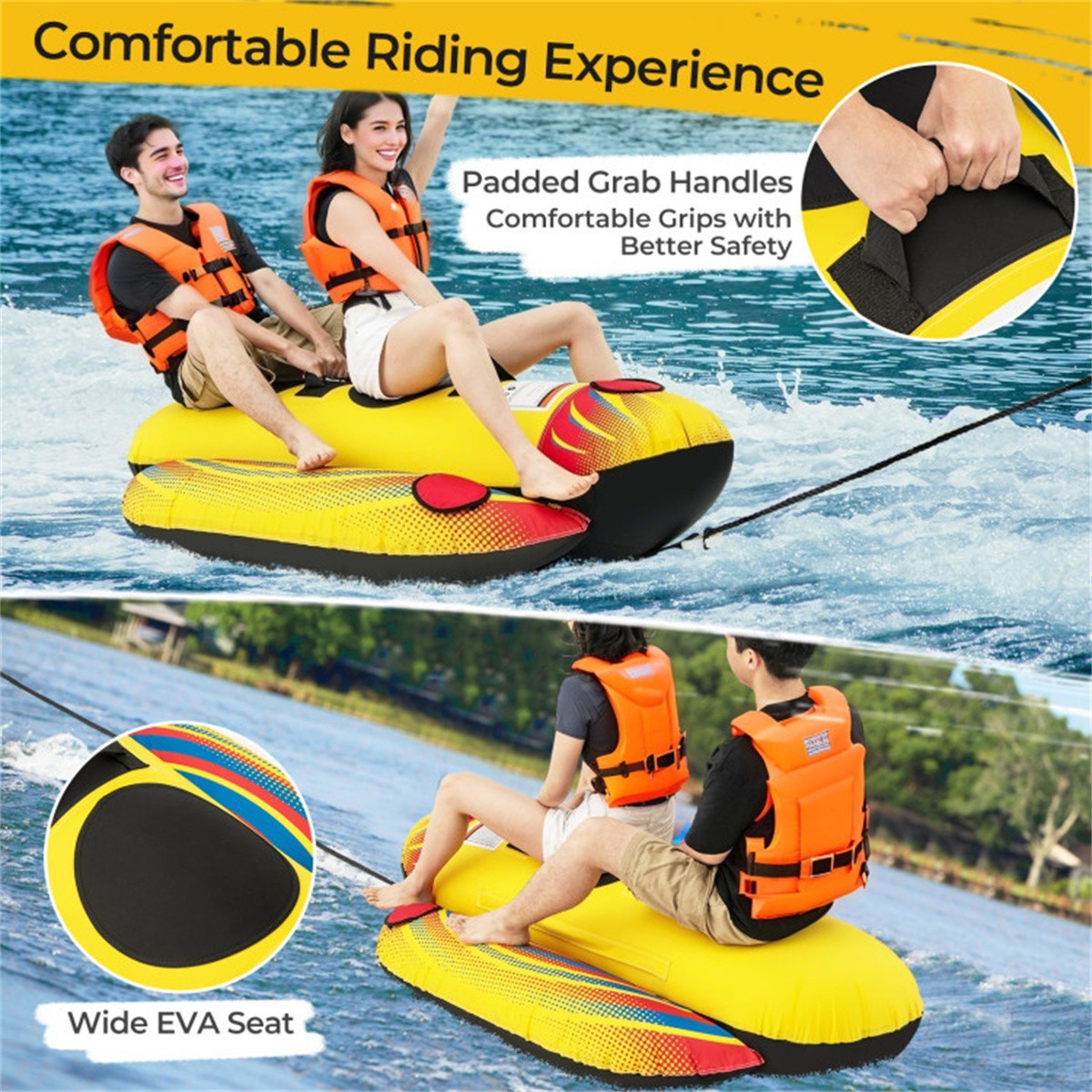 2 Rider Towable Tube Inflatable for Boating Yellow Banana Boat Water Toy 340lb