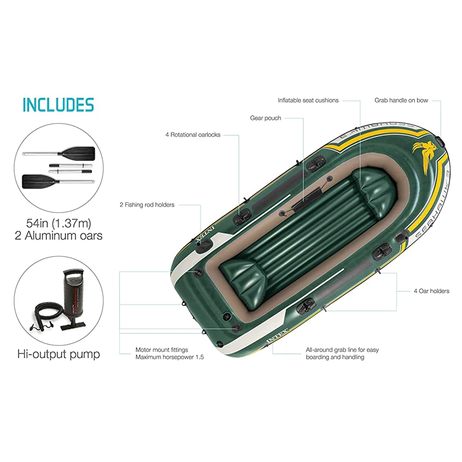 Intex Seahawk 3 Inflatable Boat For 3 Persons With Oars Pump And Accessories