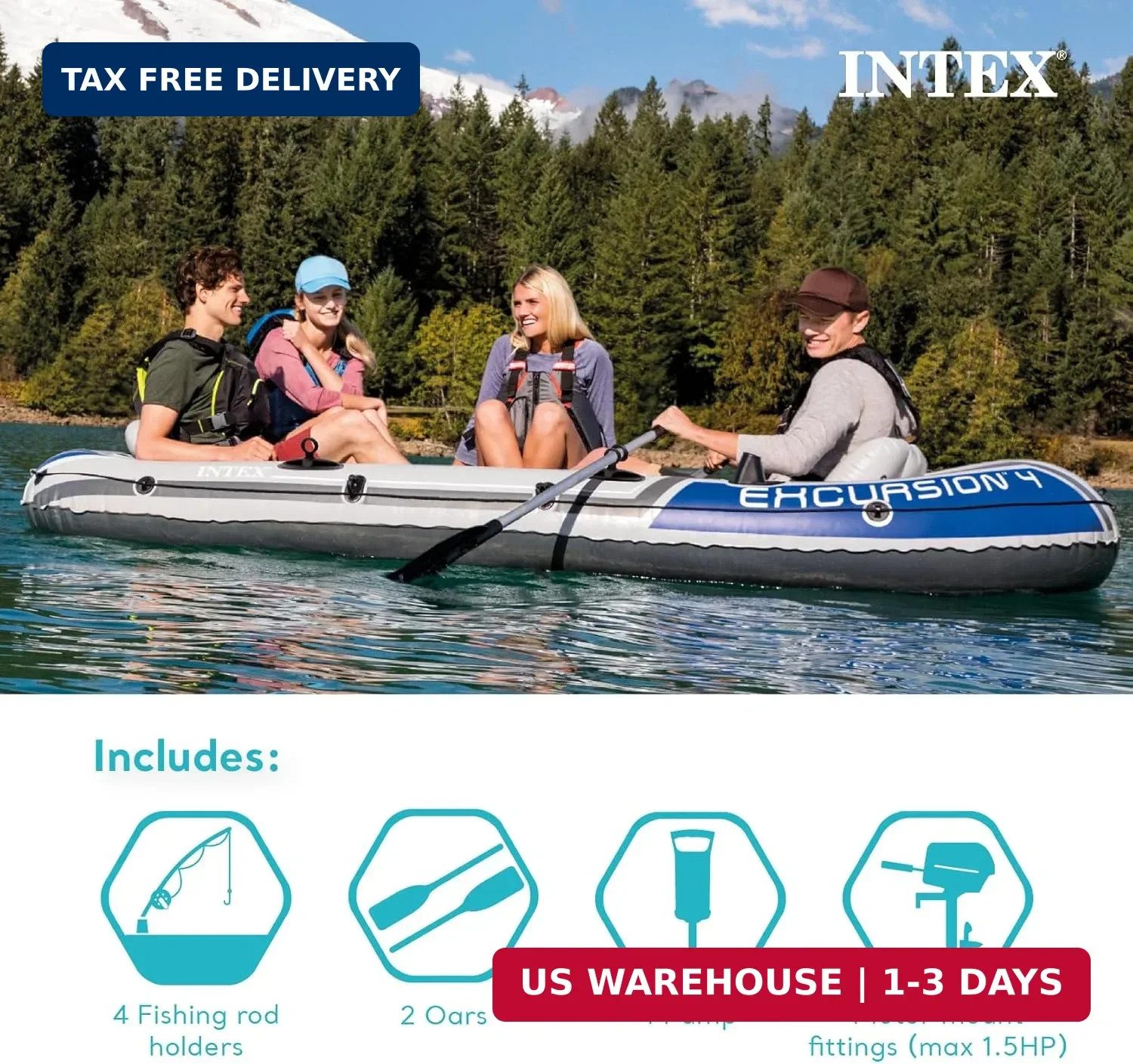 Intex Excursion 5 Person Inflatable Outdoor Fishing Raft Boat Set with 2 Aluminu