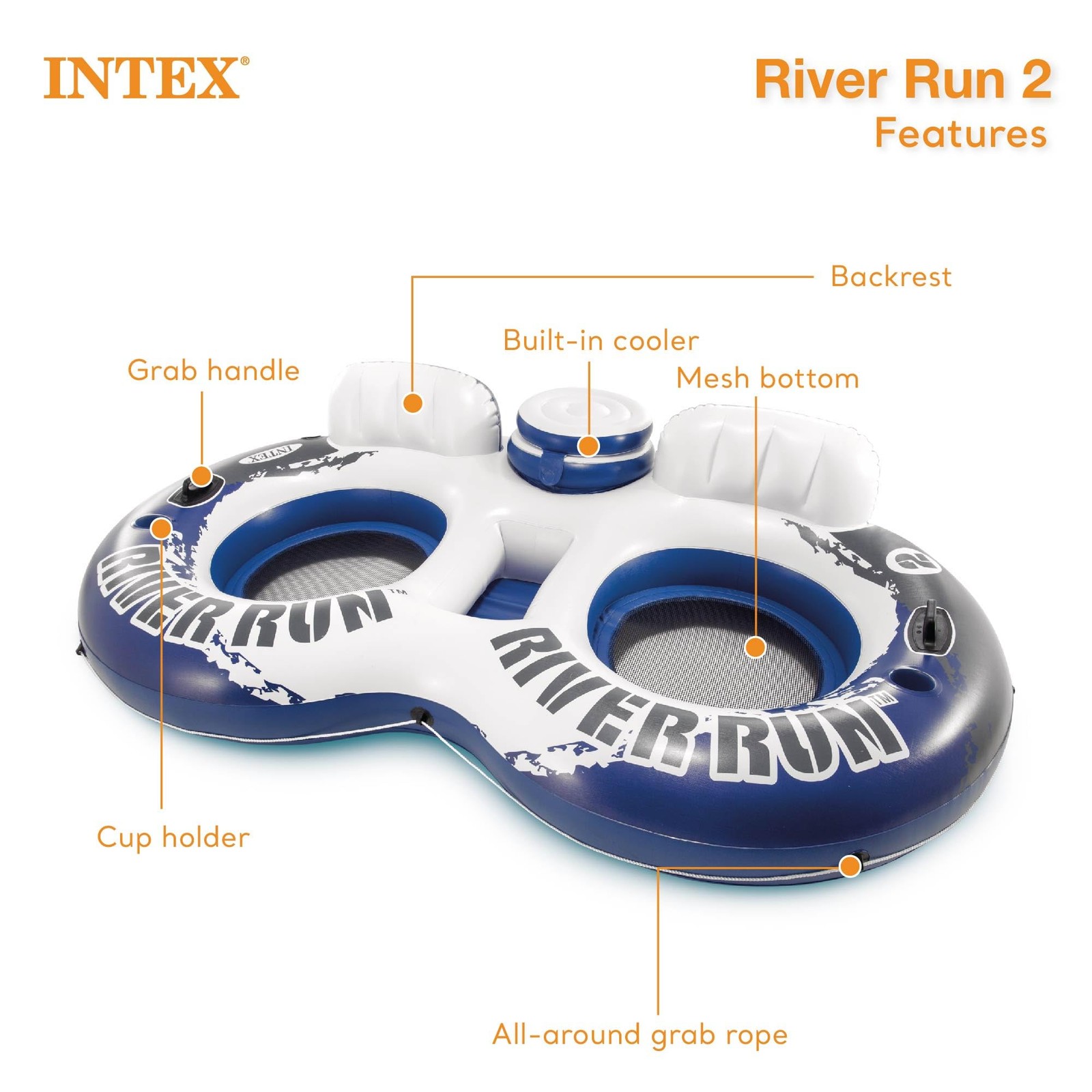 Intex River Run 2 Person Blue Water Float Tube With Cup Holders And Backrests