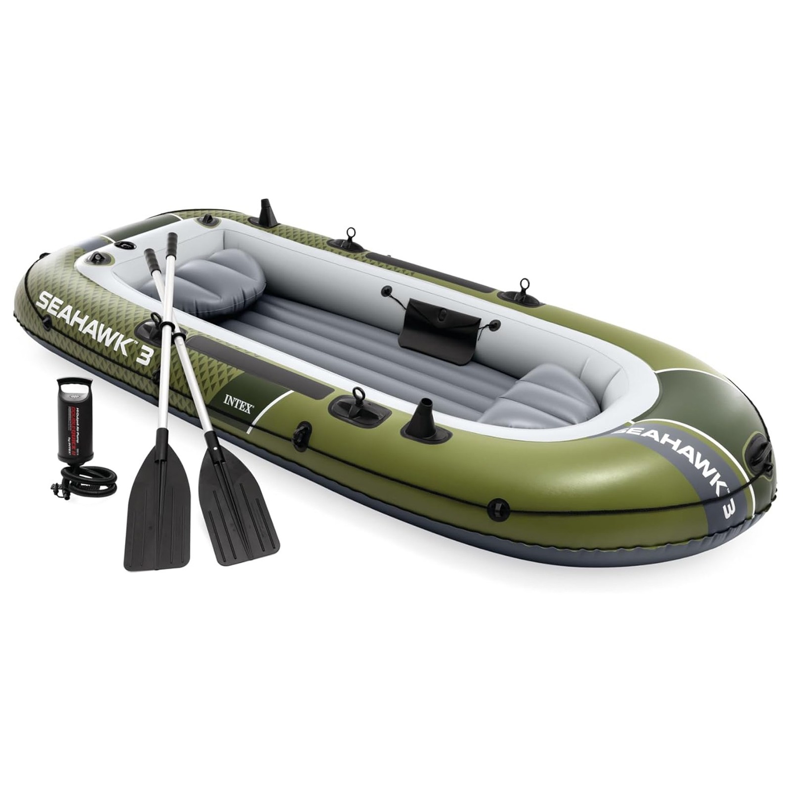 INTEX 66333EP Seahawk 3 Inflatable Boat Set with 54″ Oars, Pump, & Rod Holders