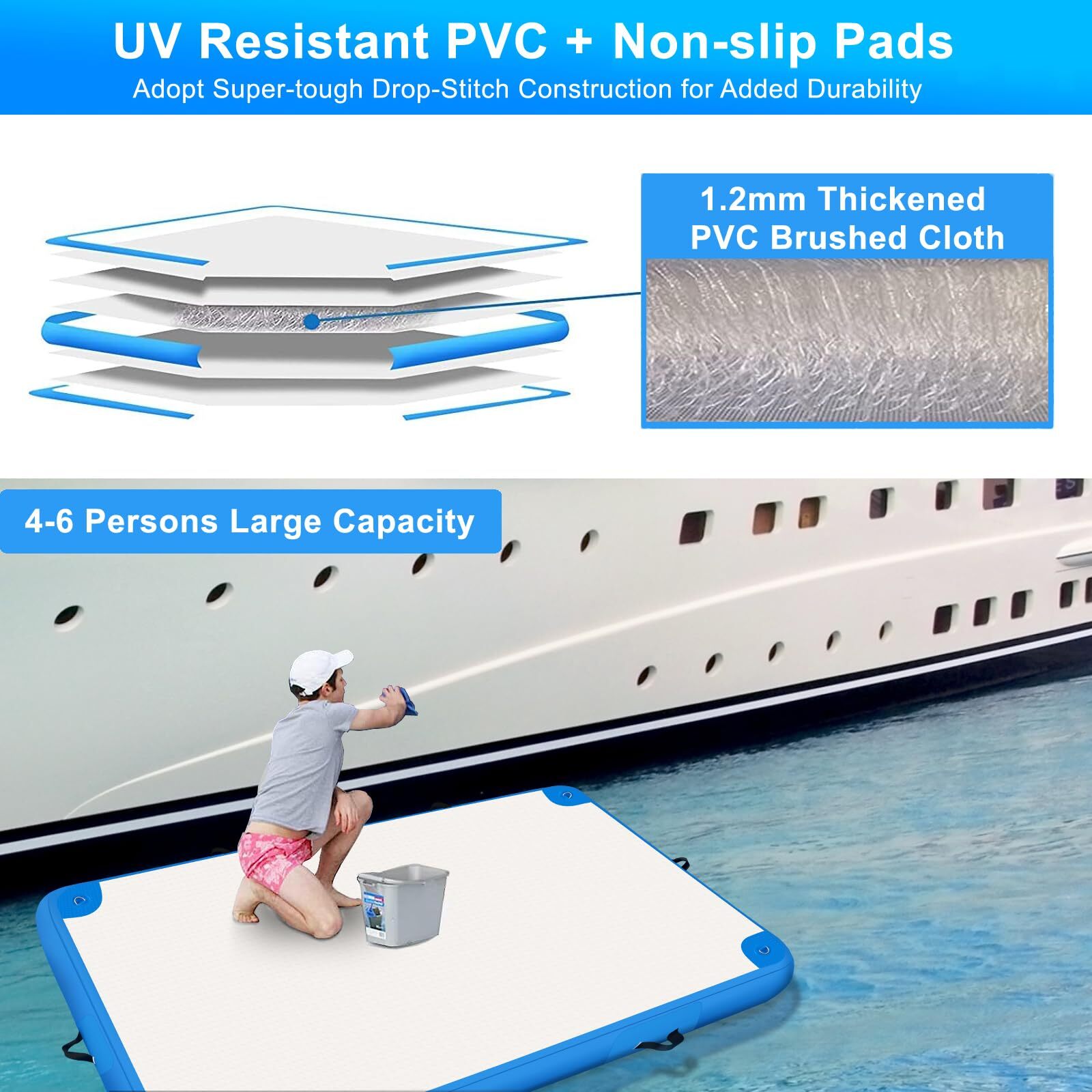 Inflatable Floating Dock Mat, 6 ft x 6 ft Water Platform Swim Deck