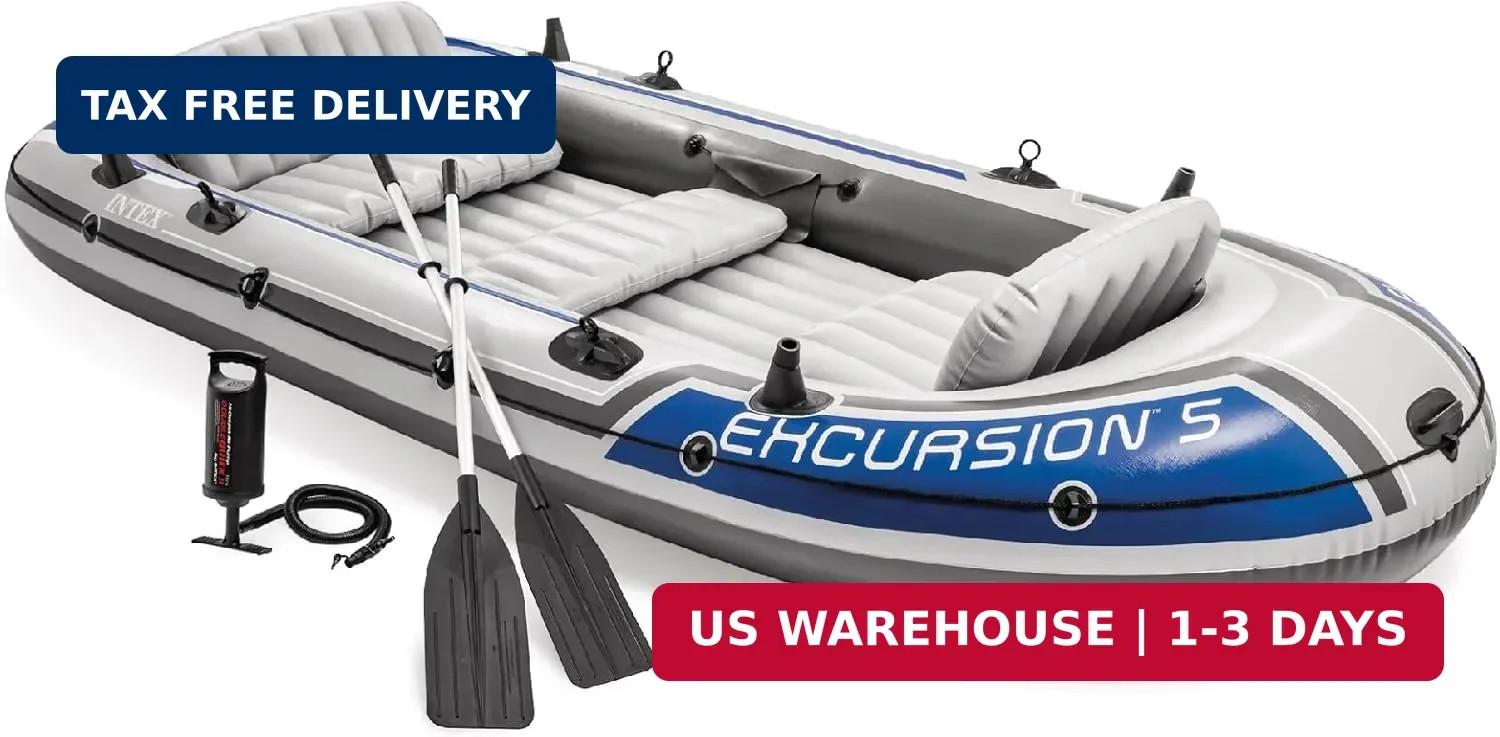 Excursion 5 Person Inflatable Boat, Water Fishing River Raft Set w/ Oars