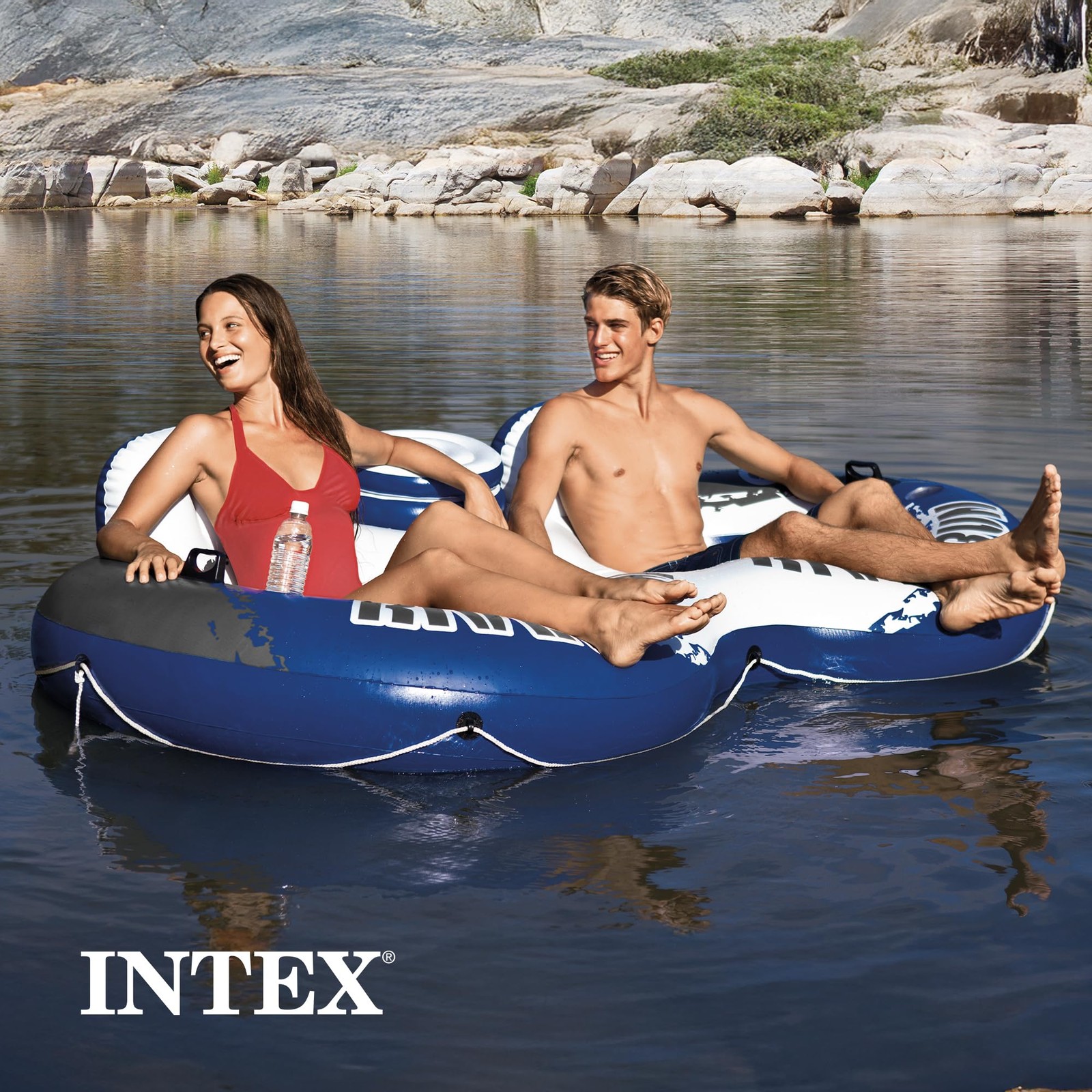 Intex River Run 2 Person Blue Water Float Tube With Cup Holders And Backrests