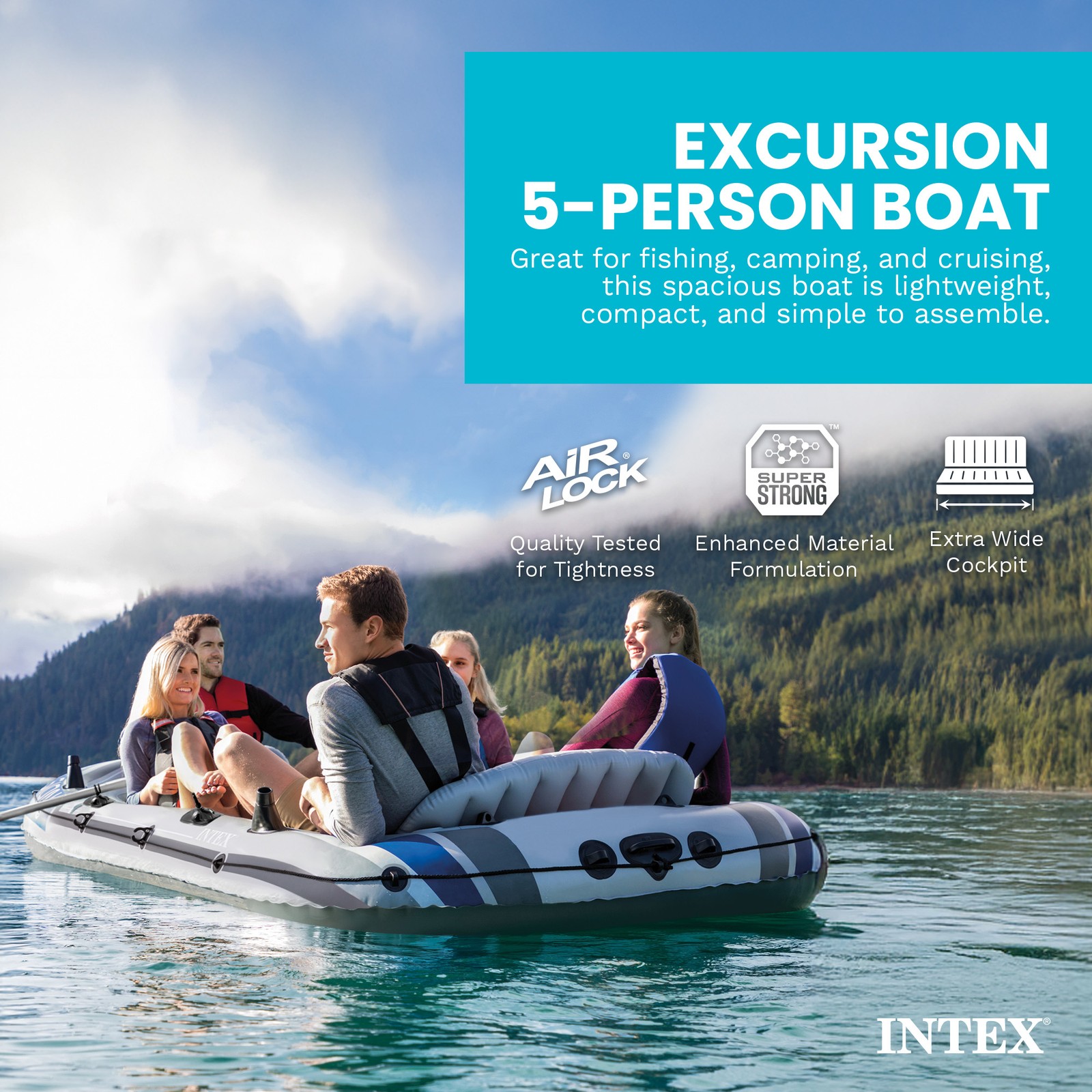 Intex 5 Person Fishing Boat Set w/2 Oars & Eight Speed Trolling Motor