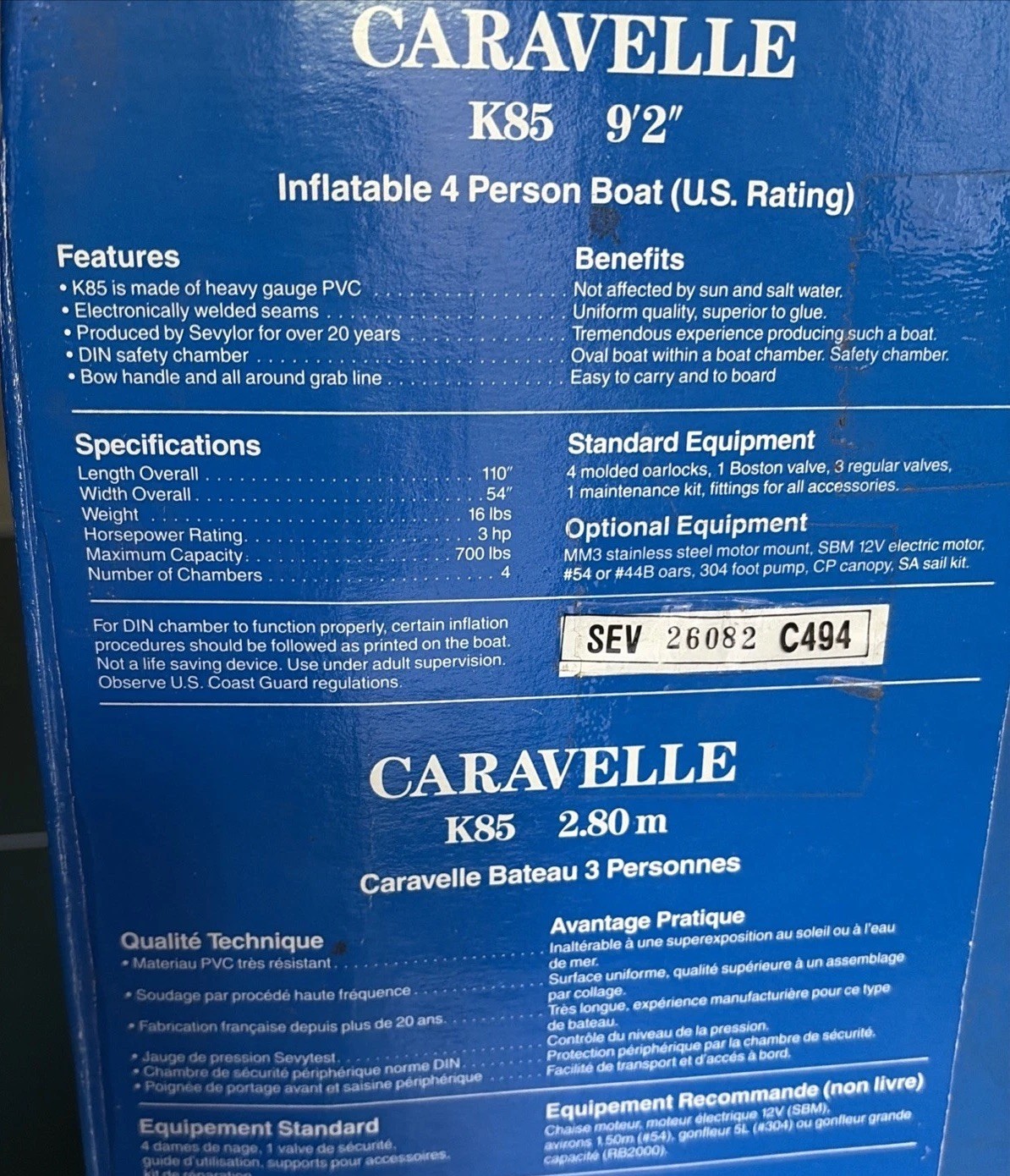 9’ 2” Sevylor CARAVELLE K85 3- or 4-Person (Up To 700 Lbs) Boat Inflatable Raft