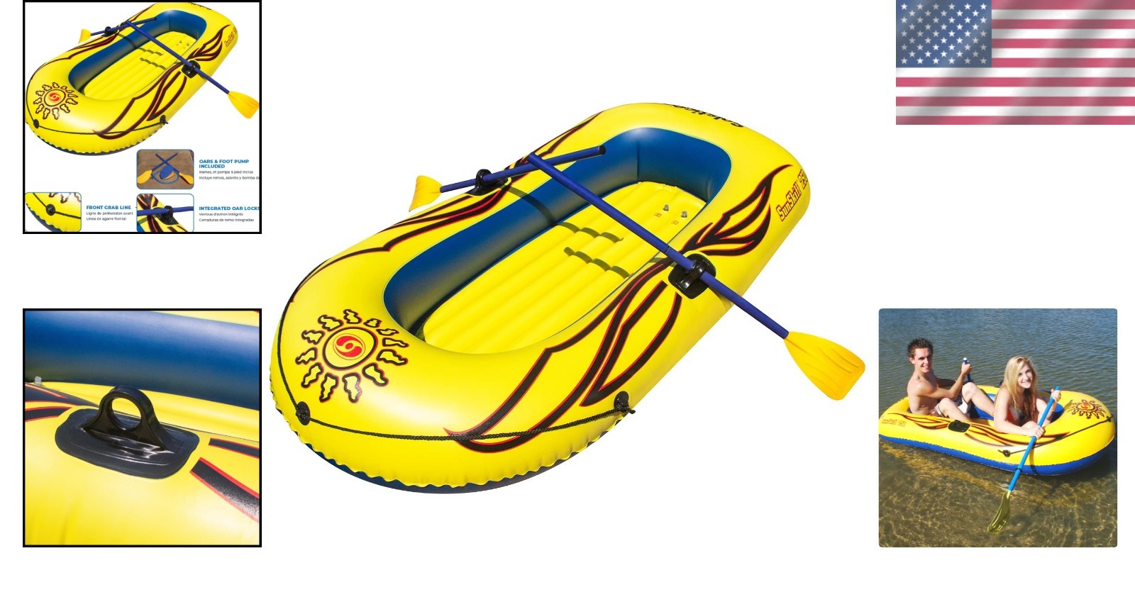 Durable Inflatable Boat for 2 Adults Kids Heavy Duty PVC Construction Yellow