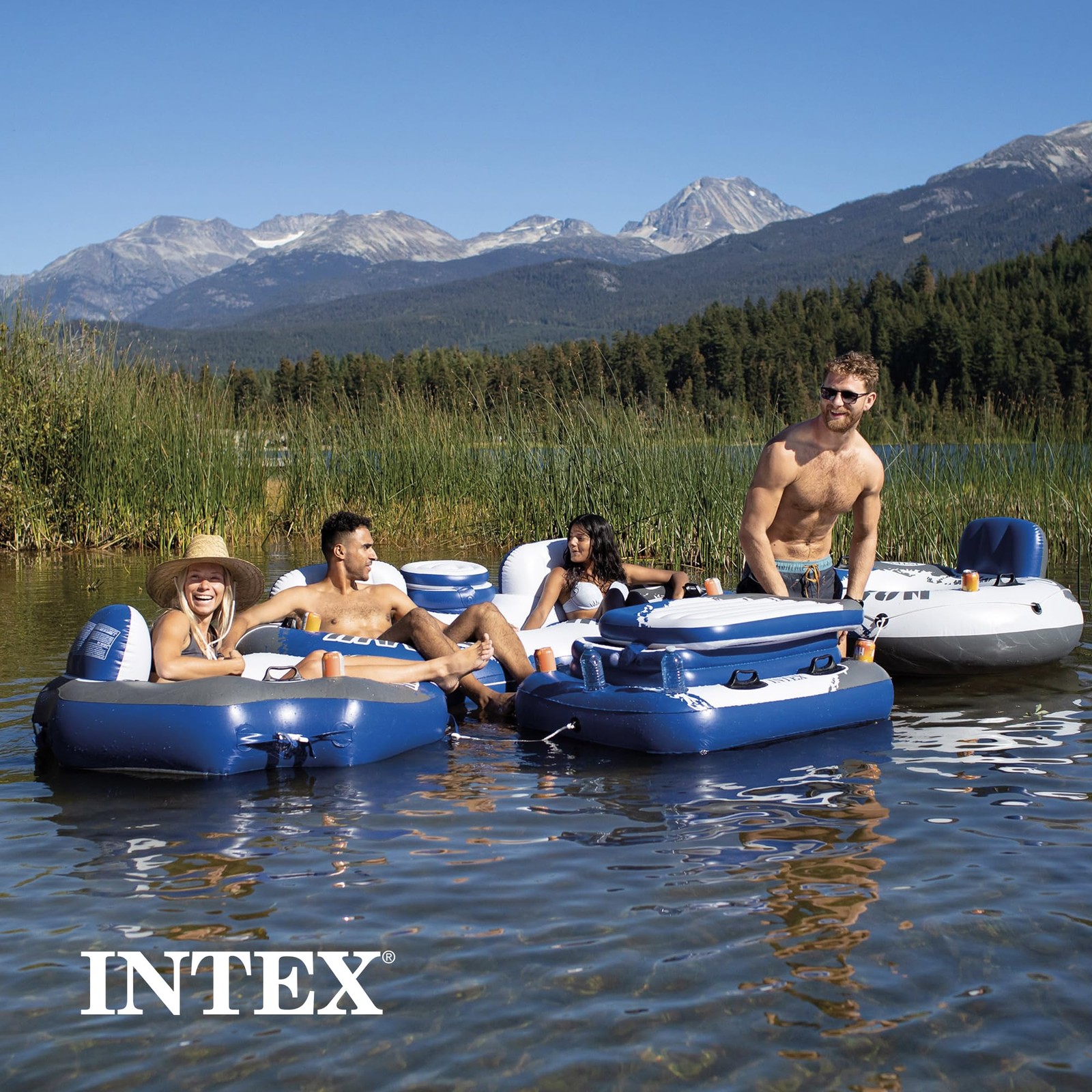 Intex River Run 2 Person Blue Water Float Tube With Cup Holders And Backrests