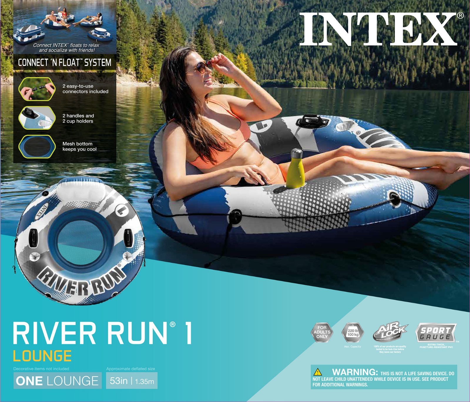 Intex RIVER RUN 1 LOUNGE Inflatable Water Float, 53” Diameter, Blue/White 🆕