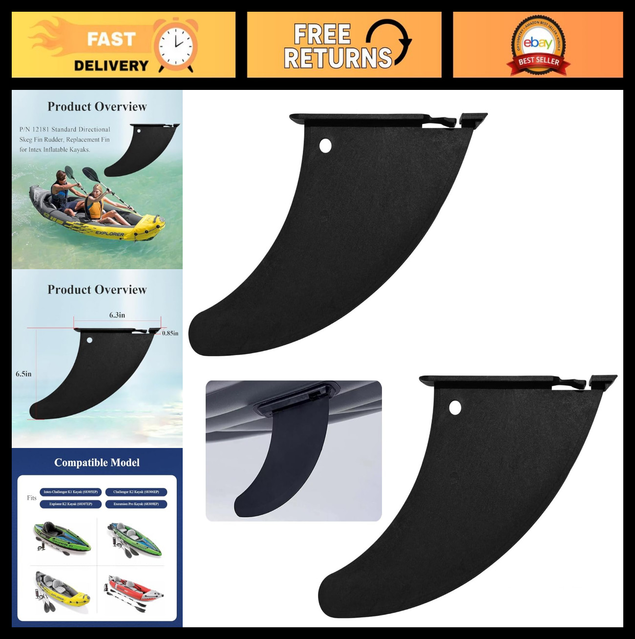 Skeg Fin Rudder for Intex Inflatable Kayaks – Standard Directional Fin, Fits K1