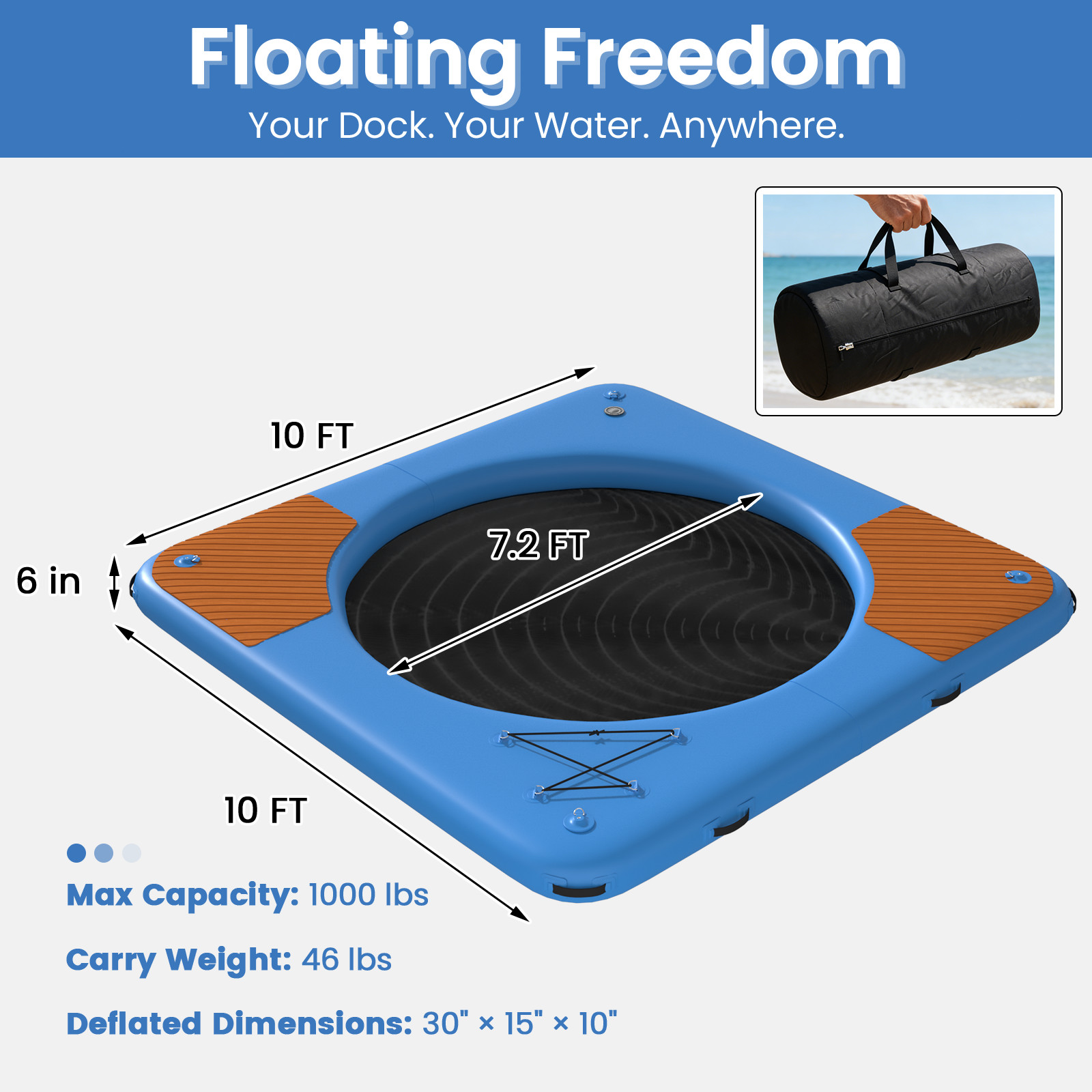 10ft Inflatable Floating Dock w/ Mesh Swim Net, 6in Thick EVA