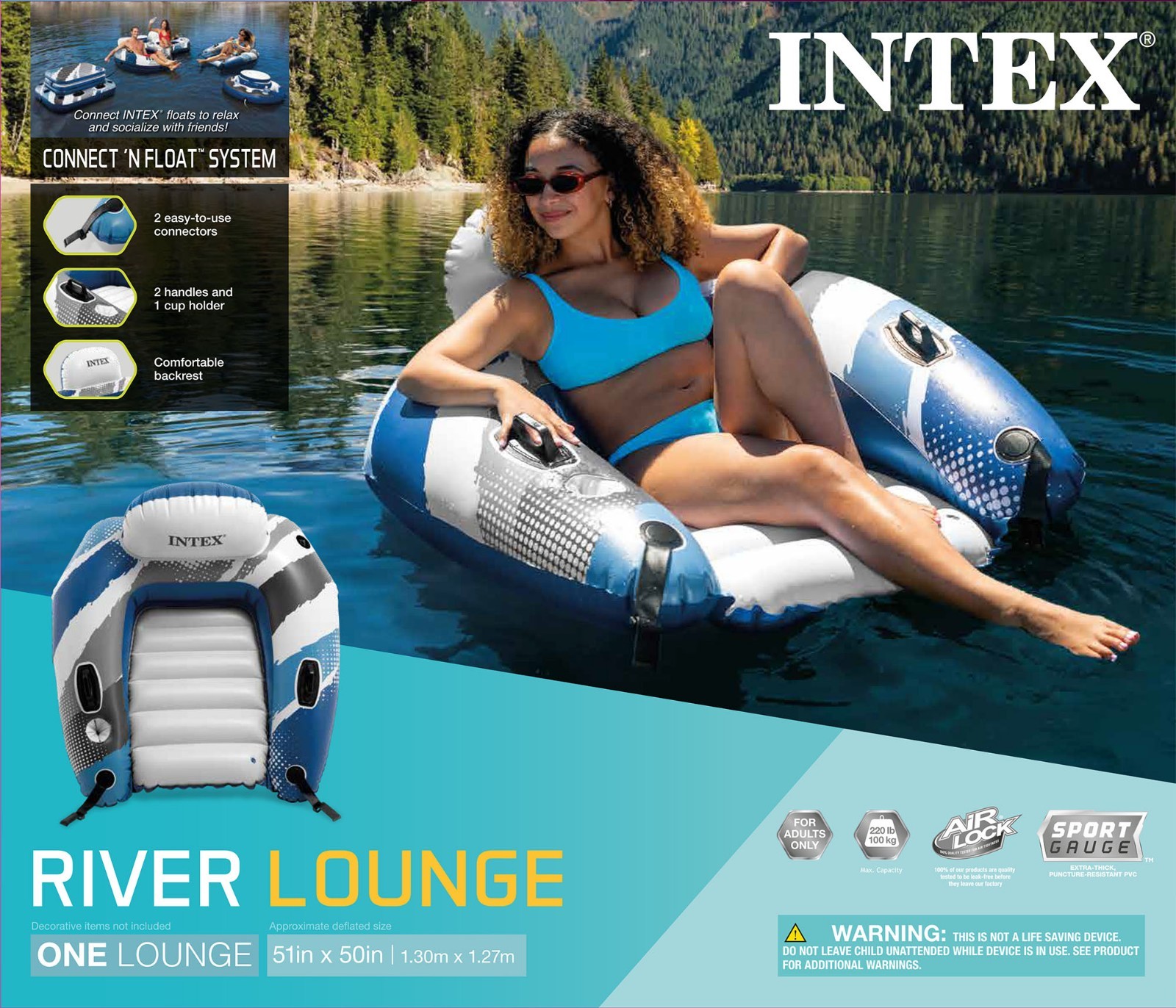 Intex RIVER LOUNGE Inflatable Water Float, 51” Diameter, Blue/White 🆕