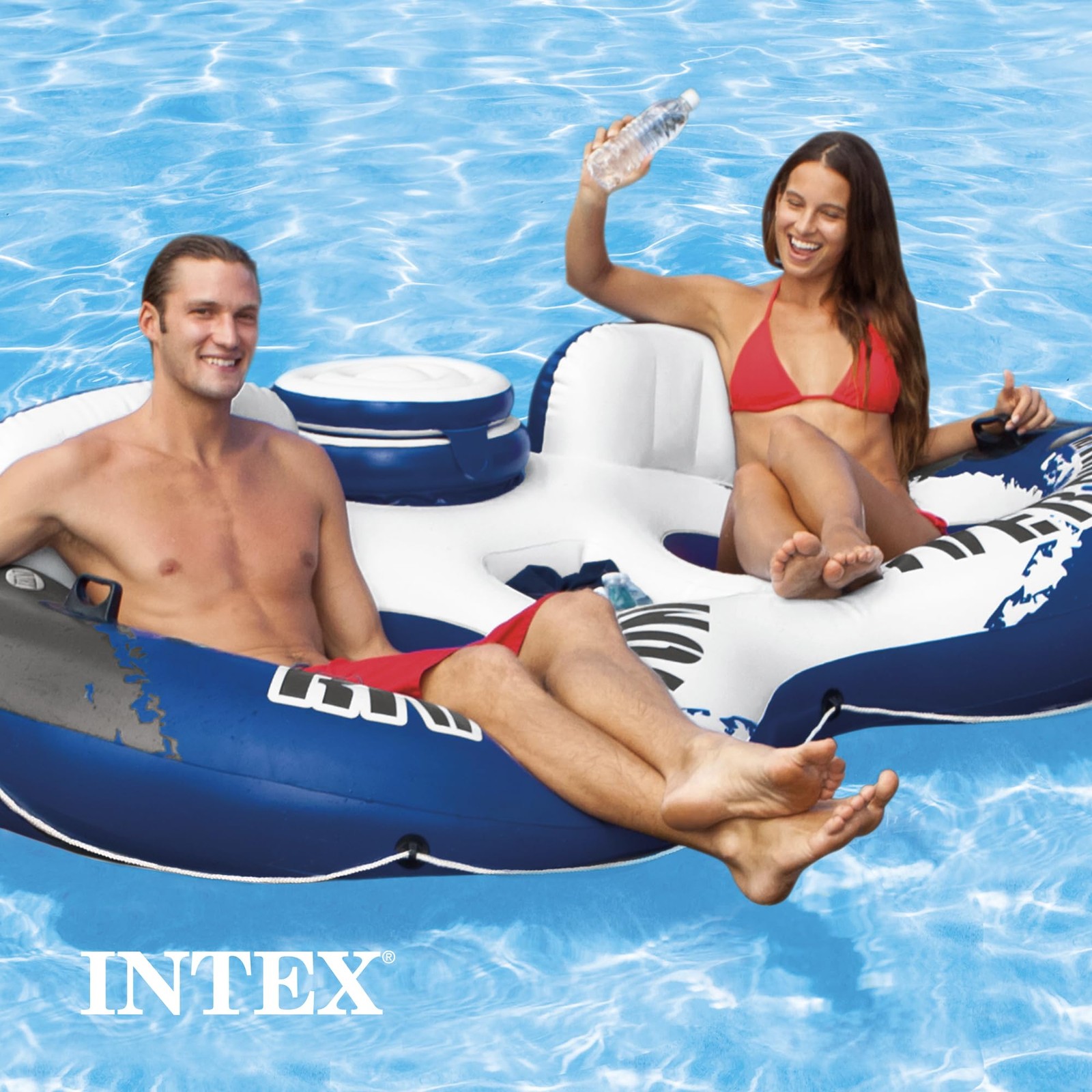 Intex River Run 2 Person Blue Water Float Tube With Cup Holders And Backrests