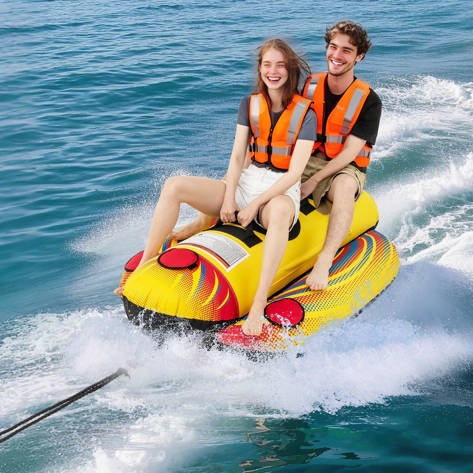 2-Person Inflatable Banana Boat w/ Boating & Water Sports 2 EVA-padded Seats