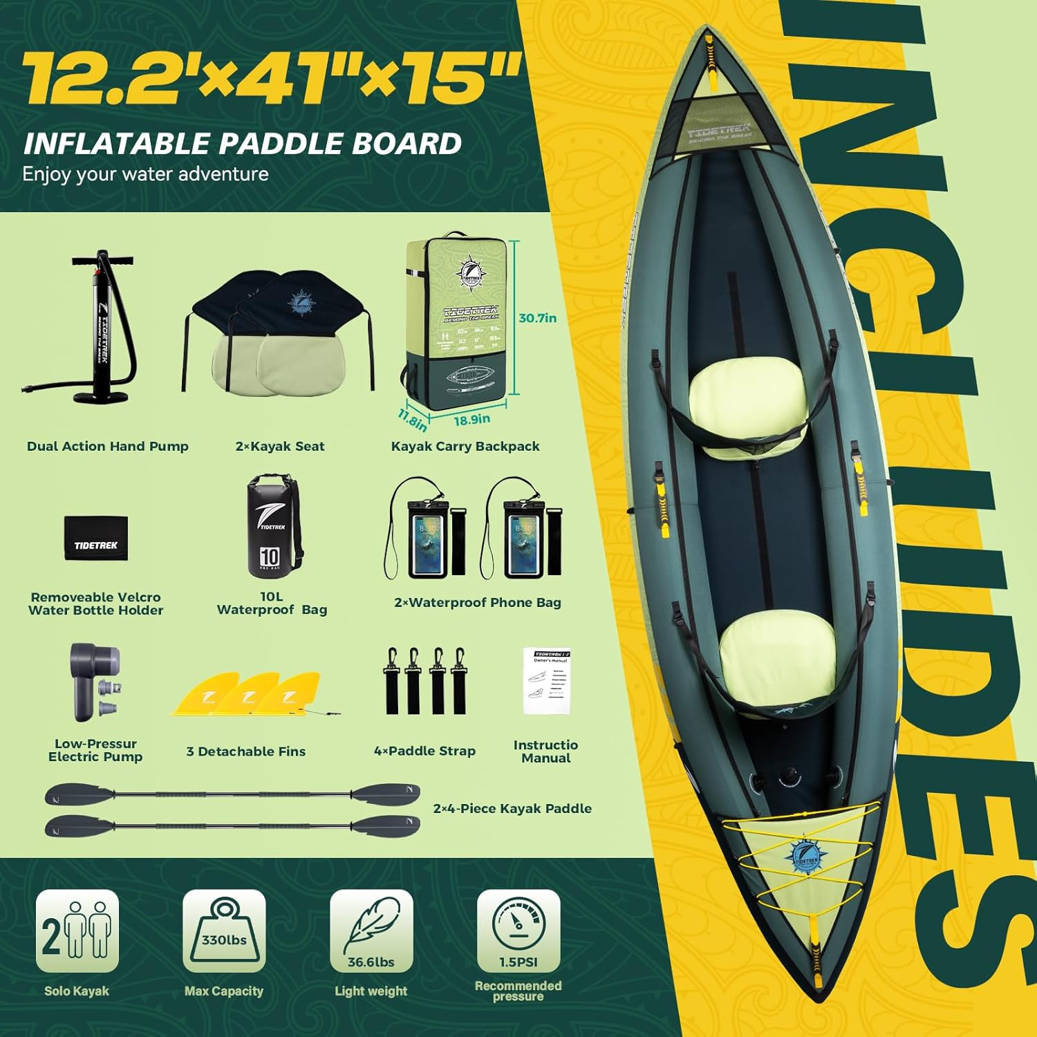 Inflatable Touring Kayak 1-Person & 2-Person with Waterproof Seat & Full Accesso