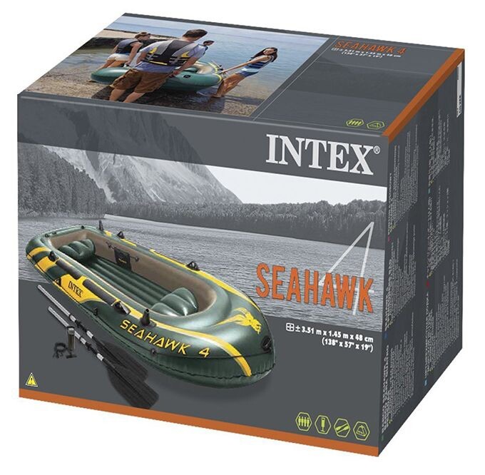 Intex Seahawk 4 Inflatable 4 Person Floating Boat Raft Set with Oars & Air Pump