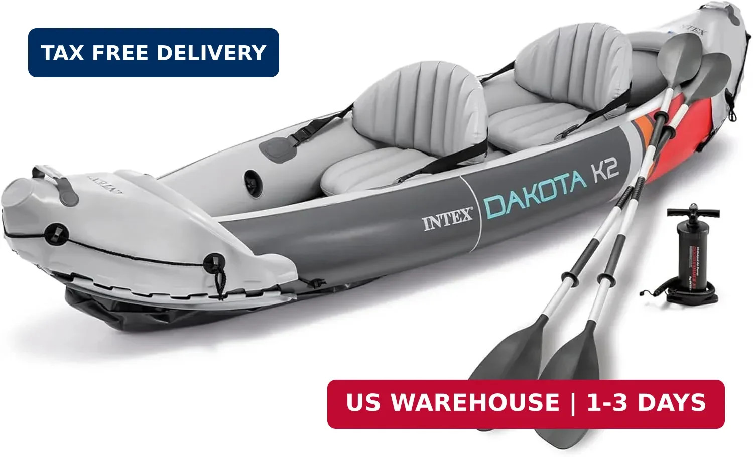2-Person Inflatable Kayak Set, Dakota K2 with 86in Oars and Pump
