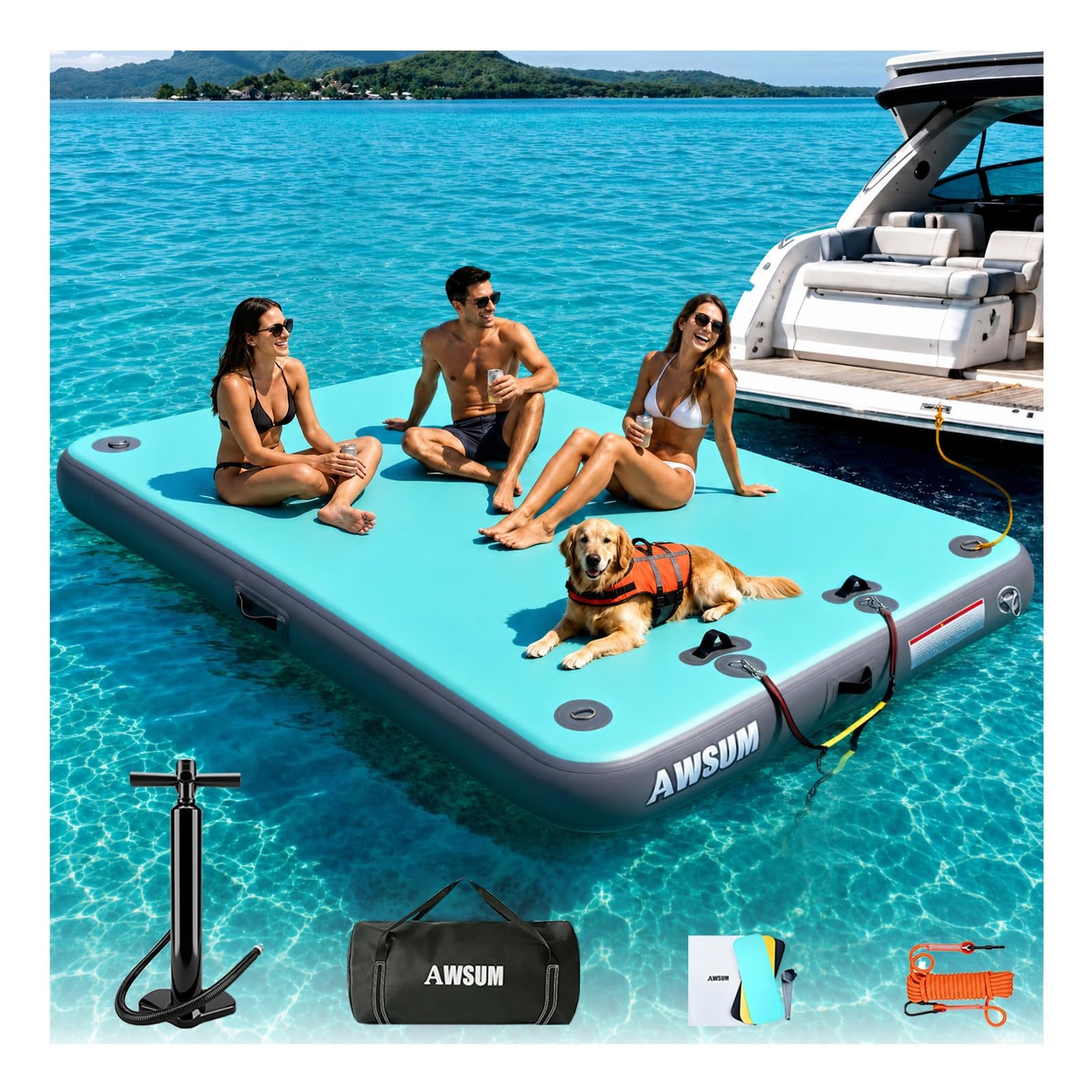 AWSUM 8ft Inflatable Floating Dock, Island Raft for 8 X 6 Ft, Mint Green/Gray