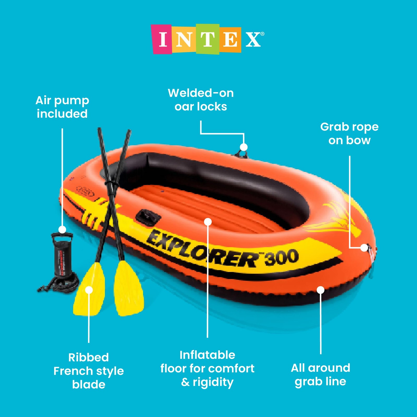INTEX 58332EP Explorer 300 Inflatable Boat Set: Includes 3 Person, Yellow
