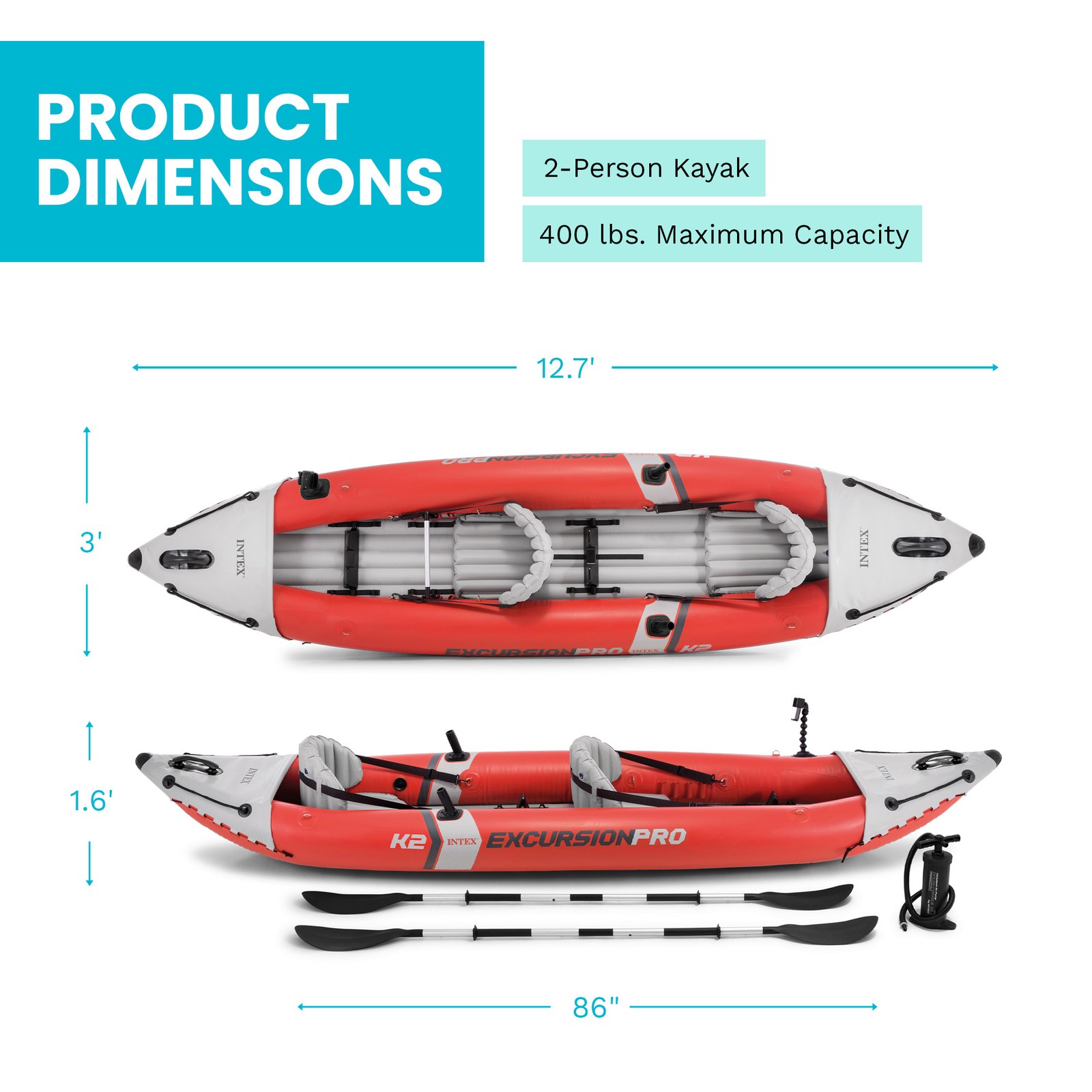 Intex Excursion Pro Inflatable 2 Person Vinyl Kayak with Oars & Pump, Red (Used)