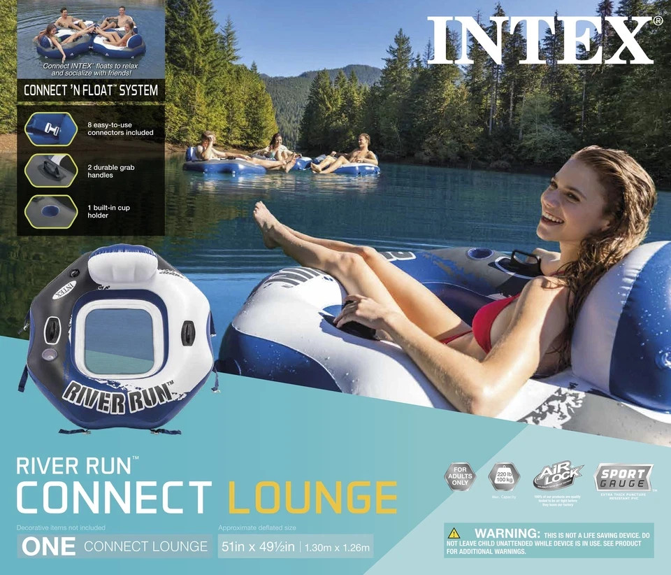 River Raft Connect Vinyl Lounge Inflatable Floating Water Tubes (4 Pack) Intex
