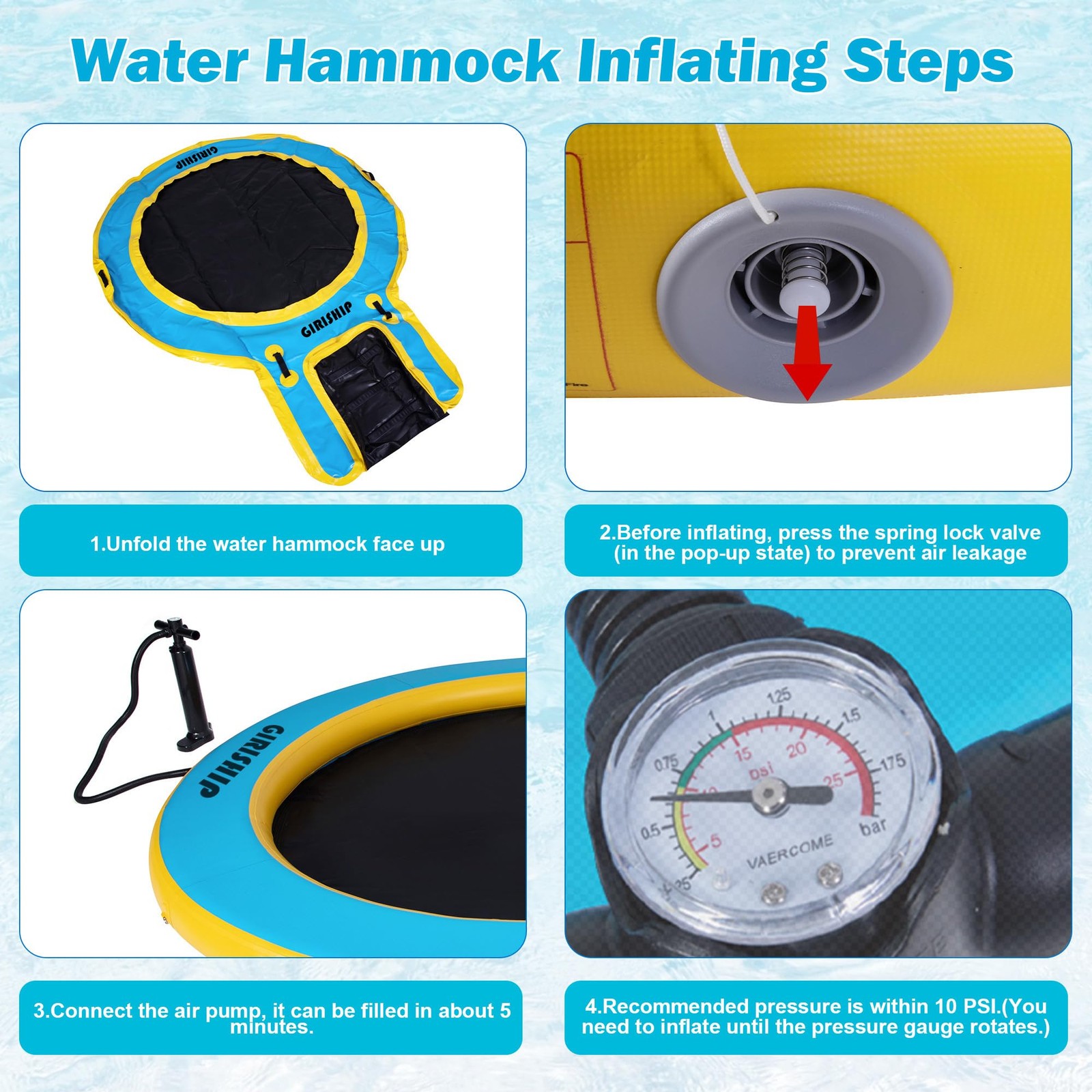 GIRISHIP Inflatable Water Hammock,Round Floating Ring 10FT, Blue Yellow+Black