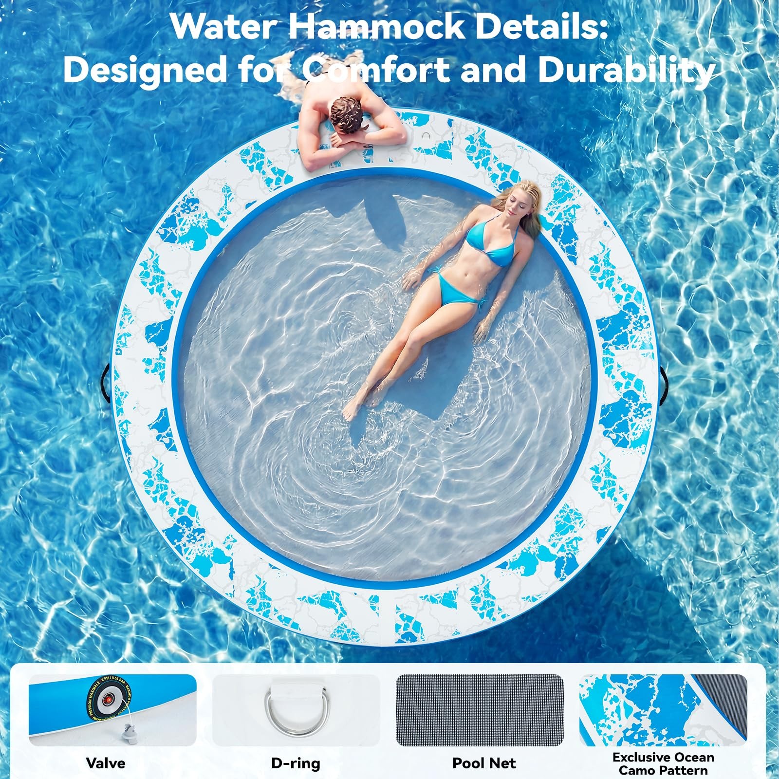Danrelax Inflatable Floating Dock, 8FT Round Float Ring 8FT, Blue Crackle