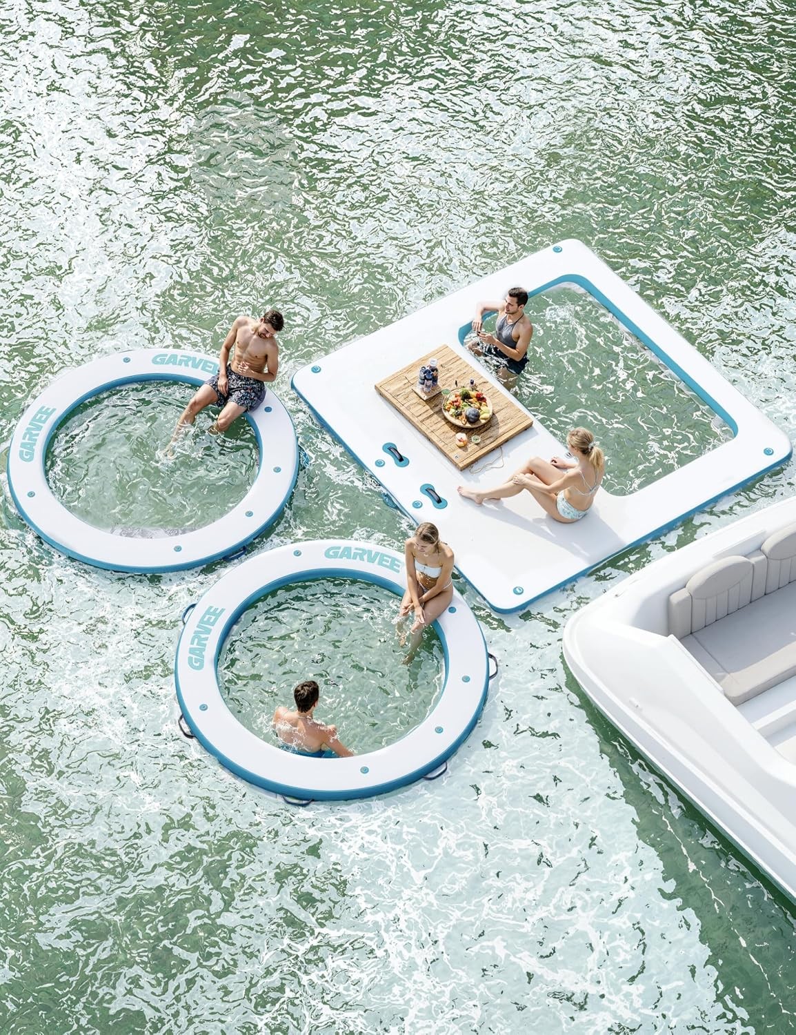 Inflatable Floating Dock Non-Slip Mat White Orange PVC for Lake Pool Beach Use