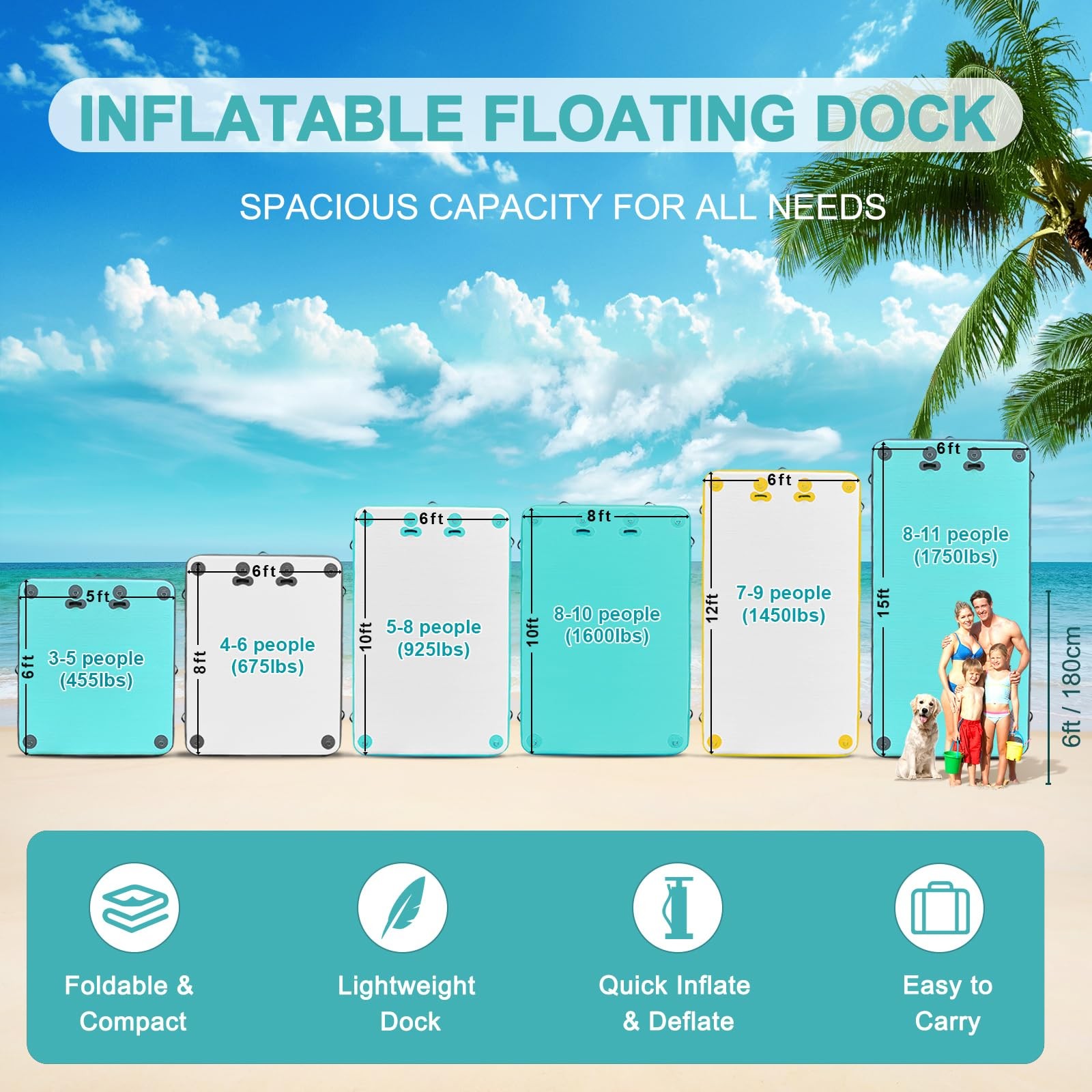 AWSUM 8ft Inflatable Floating Dock, Island Raft for 8 X 6 Ft, Mint Green/Gray