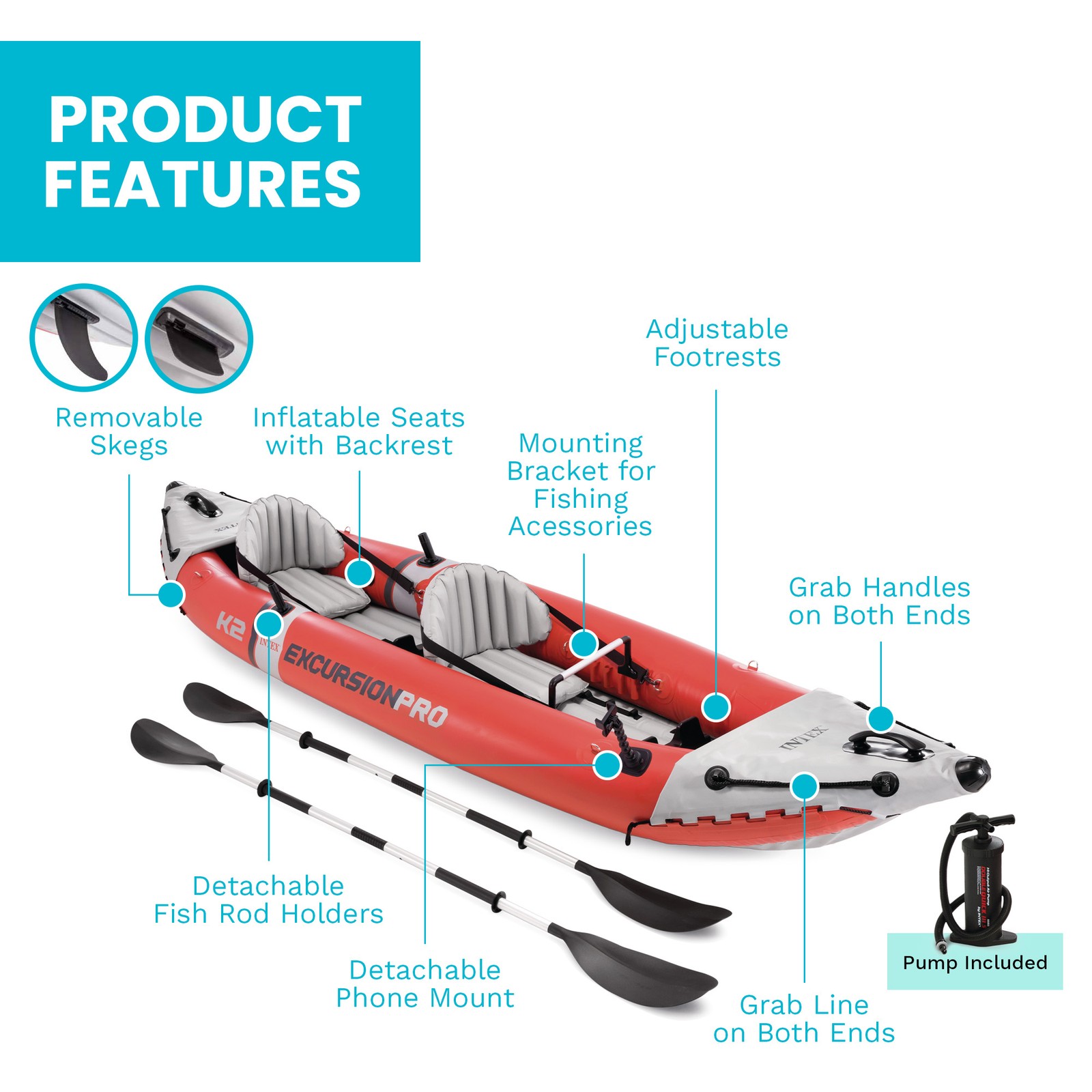 Intex Excursion Pro Inflatable 2 Person Vinyl Kayak with Oars & Pump, Red (Used)