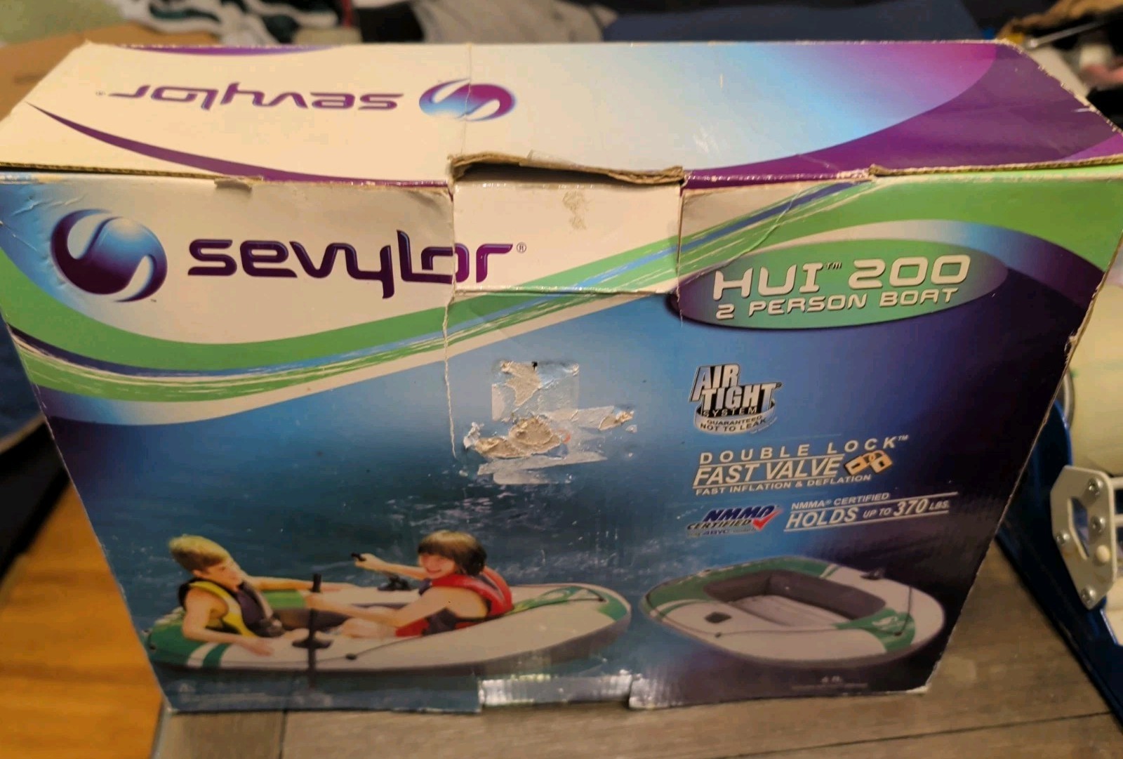 Sevylor HUI 200 2 Person 6ft Green & White Inflatable Boat 370 lb WT LMT Opened