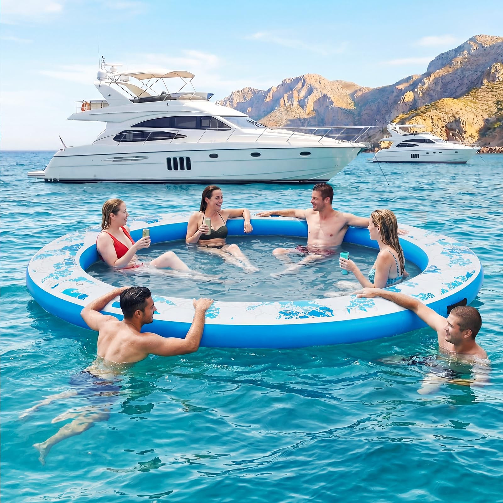Danrelax Inflatable Floating Dock, 8FT Round Float Ring 8FT, Blue Crackle