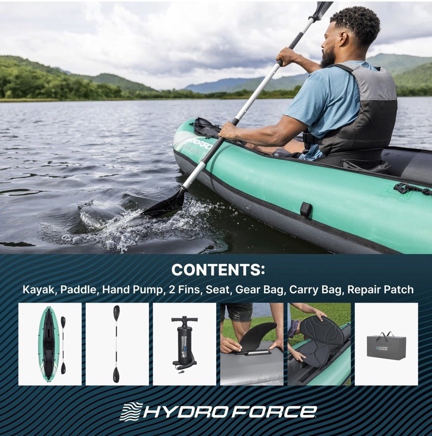 Hydro-Force Ventura Elite X1 Inflatable Kayak Set w/ Paddle, Pump, Fins, Seat