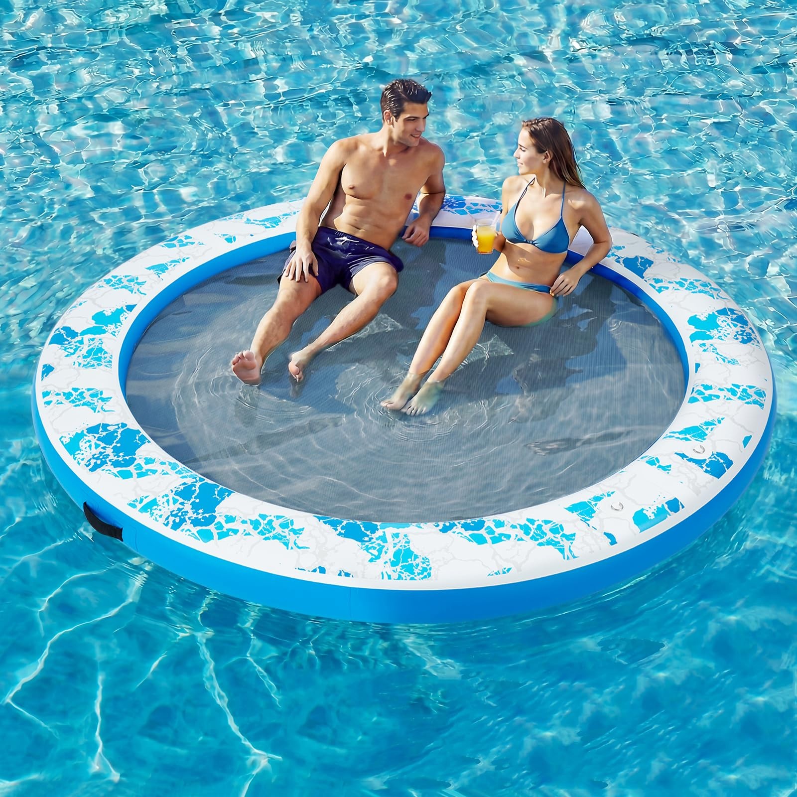 Danrelax Inflatable Floating Dock, 8FT Round Float Ring 8FT, Blue Crackle